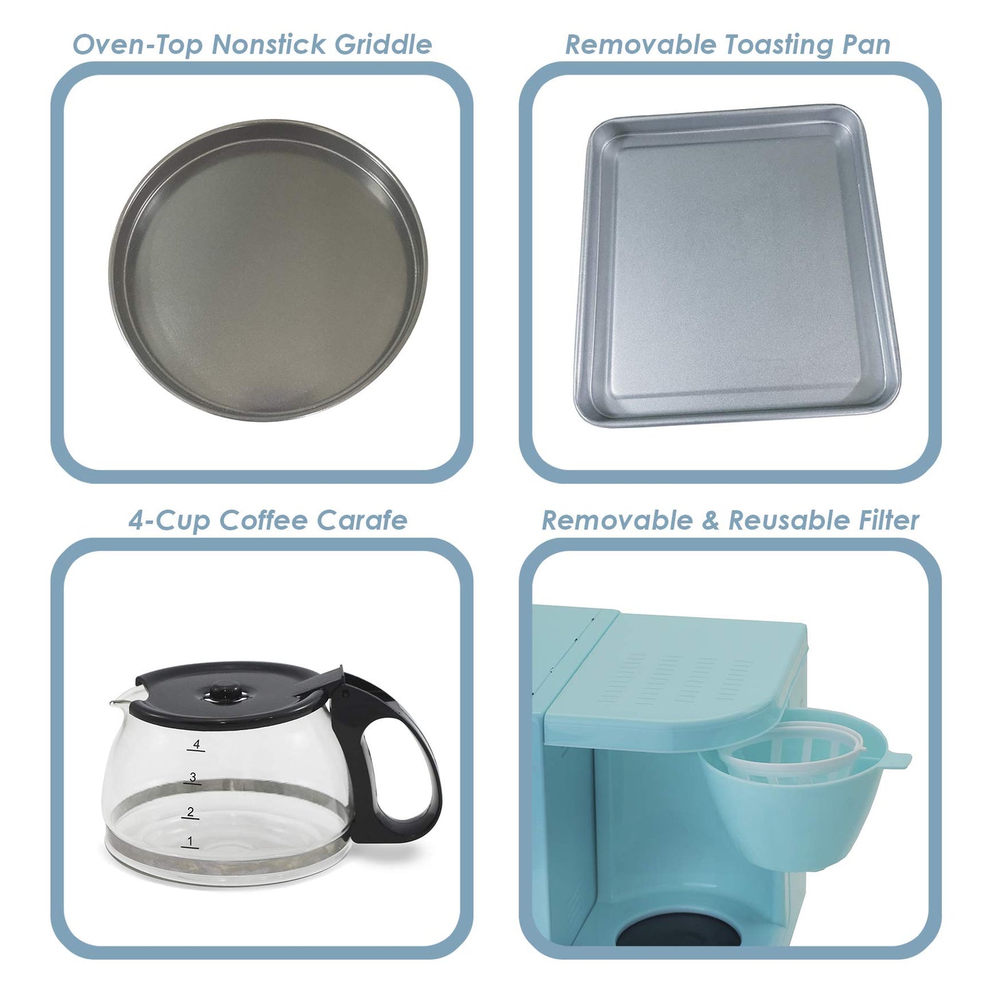 MaxiMatic EBK-200BL Elite Cuisine Cafetera/Tostador/Parrilla Multifunción para El Desayuno, 3 en 1, Azul