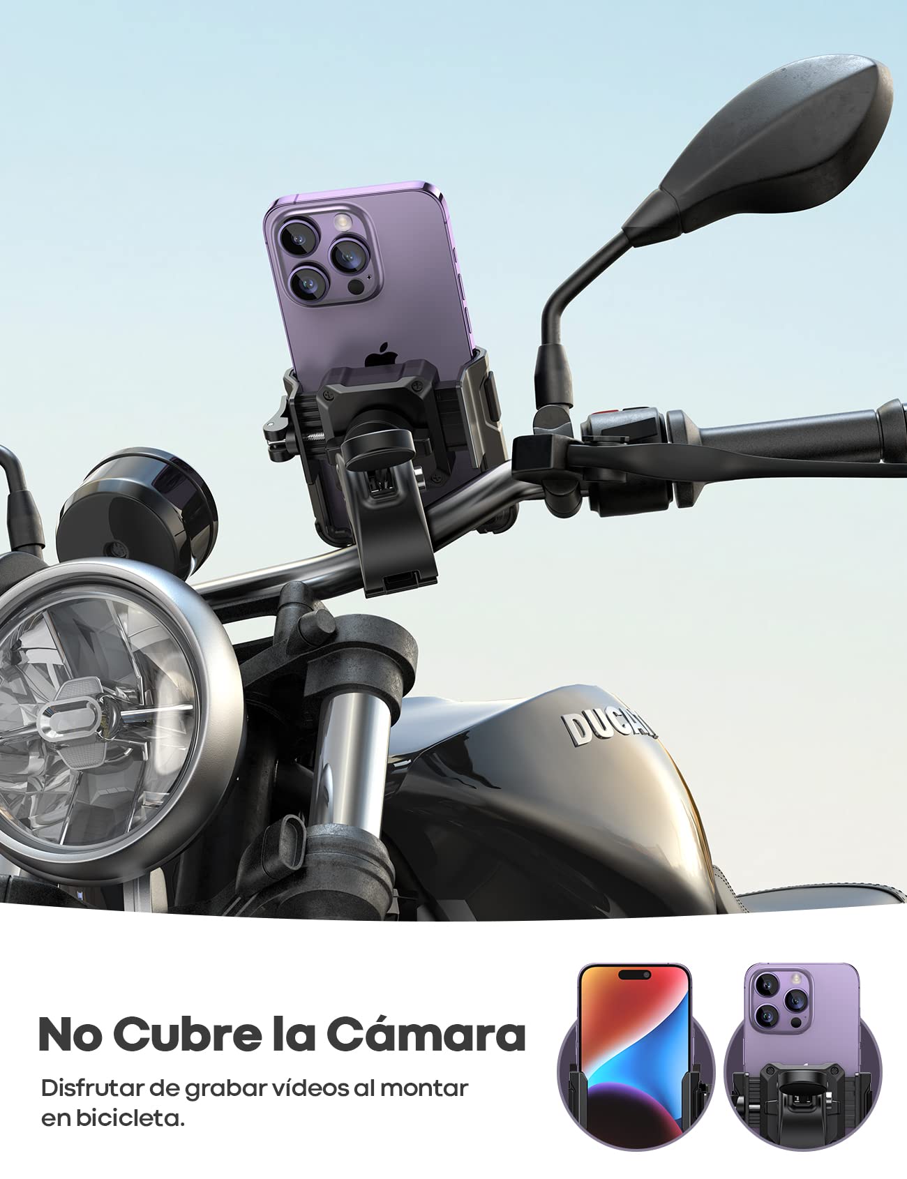 Lamicall Porta Celular para Moto - [No Cover Cámara] [1s Bloquear y Desbloquear] Soporte para Bicicleta Motocicleta para 2.4~3.54" Celular de Ancho, iPhone 16/15/14/13/12/11, Samsung, Xiaomi, Huawei
