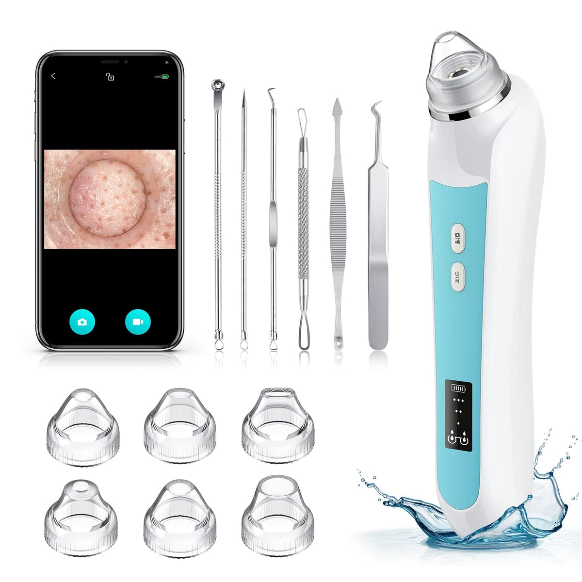 Aspirador de puntos negros faciales, cámara 1080p, zoom 20x, 8 LED y 3 modos de succión, batería 800 mAh y USB - Kit de limpieza de poros de 6 cabezas para hombres y mujeres (azul)