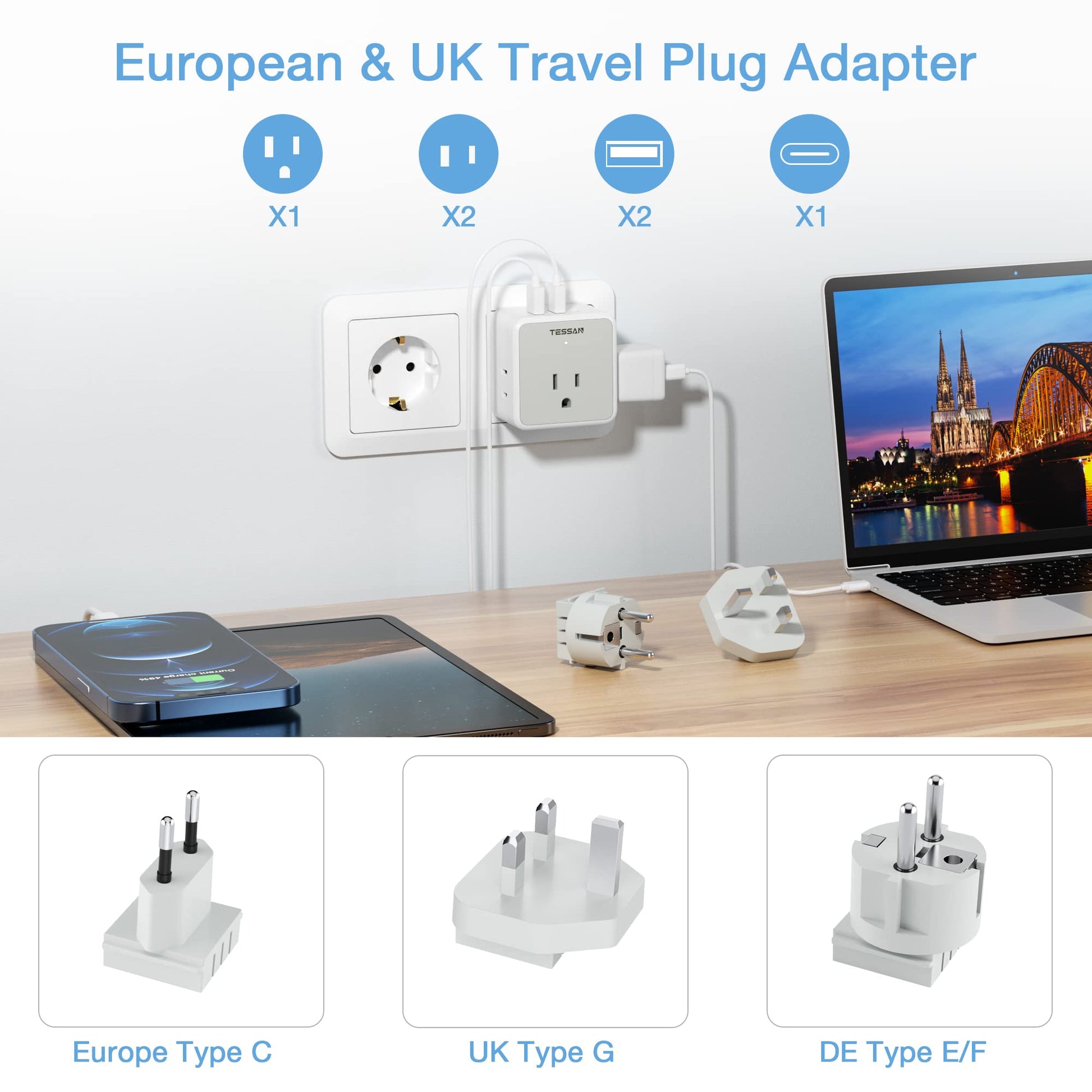 Adaptador de Viaje TESSAN Europeo Blanco con 3 Salidas CA y 3 Puertos USB para Europa
