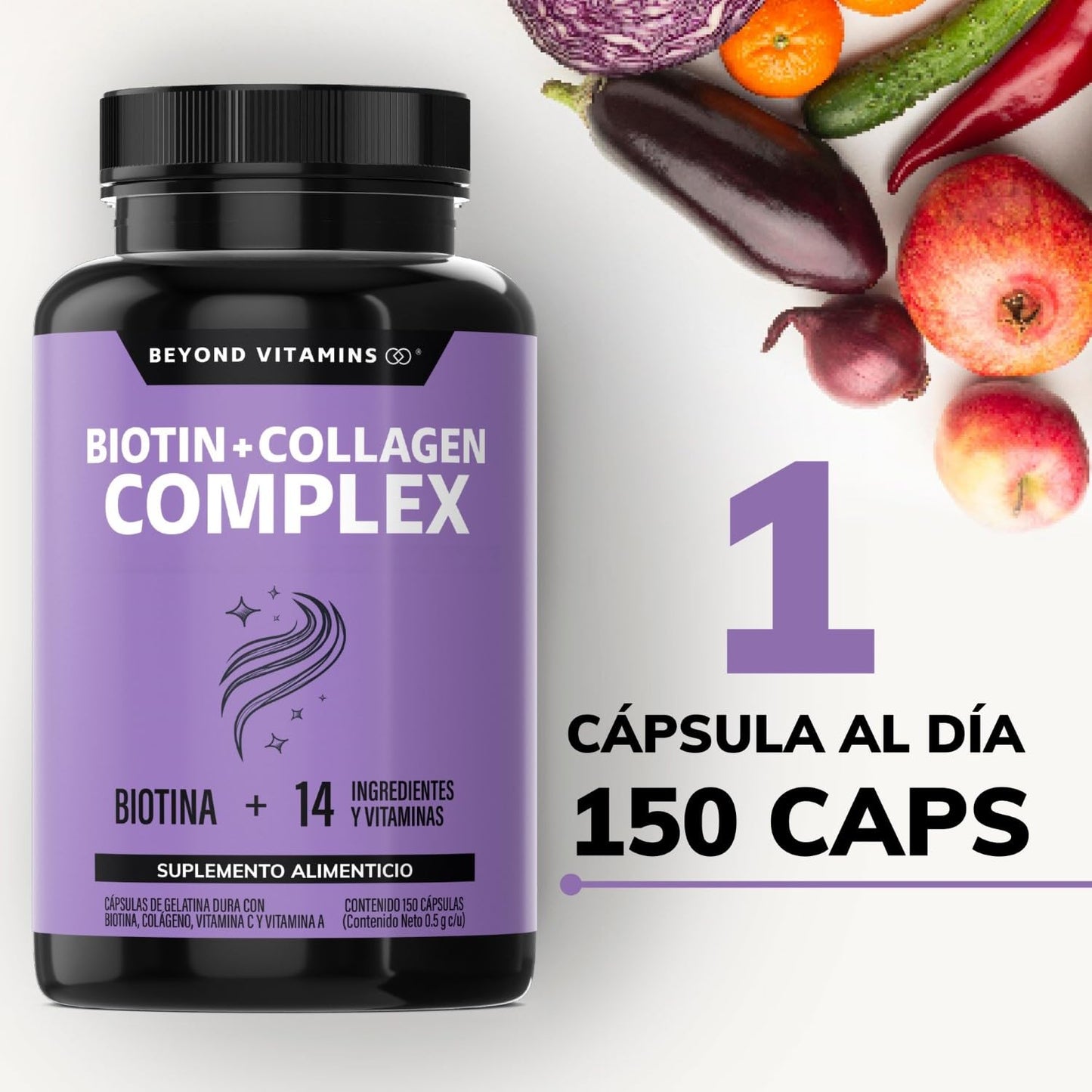 Biotin+Collagen Complex- Contiene Biotina + Colágeno + 15 Ingredientes y Vitaminas - Suplemento Vitamínico - Suplemento Alimenticio en Cápsulas - Sin Azúcar-Ingredientes NON GMO-150 cápsulas para 150 días.