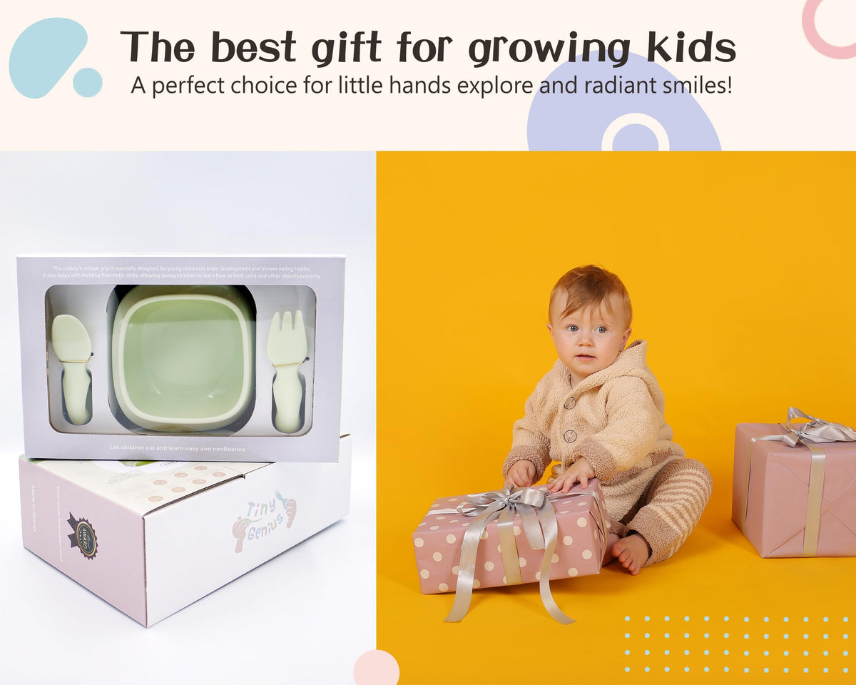 Tiny Genius - Juego de cubiertos para niños pequeños, tenedor de silicona para destete con luces LED para bebé, cuchara y tazón, sin BPA, utensilios de entrenamiento autoalimentados, fáciles de