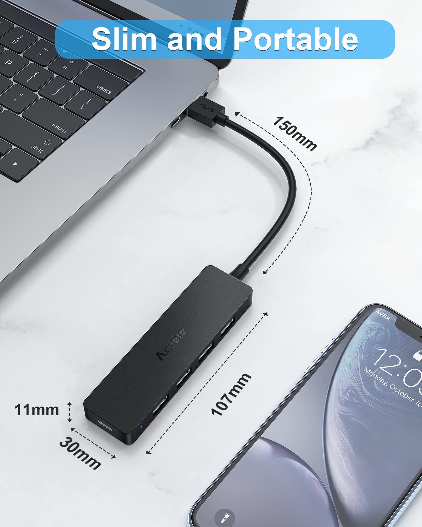 Hub USB Aceele Negro Ultrafino 5 en 1 Multiadaptador para PC, Laptop y Consolas