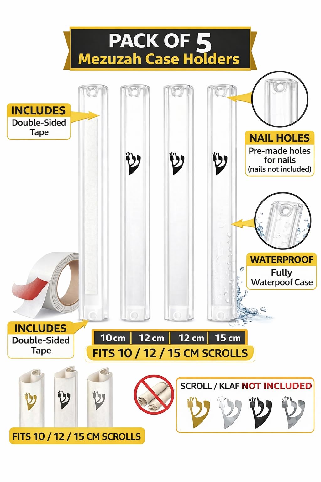 SUPER STAM MEZUZAH - Soporte para Caja (shidell) (plástico Plateado) con Forma Rectangular de 6.3/4 Pulgadas -17.5 x 2 x 2 c''m, Corcho de Goma Impermeable Lote de 5 (Blanco, 15 (para Rollo de 15 cm)