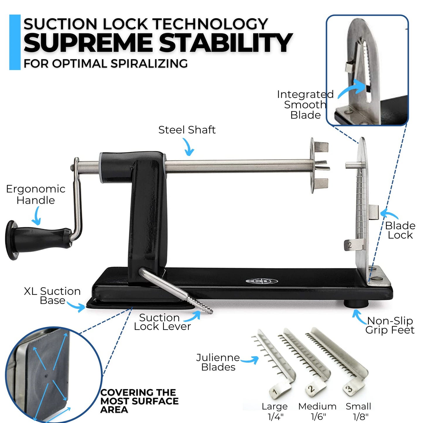 ICO 4-hoja Spiralizer cortador de verduras, más fuerte que todos los cortadores de plástico con 3 cuchillas intercambiables y 1 integrado, negro