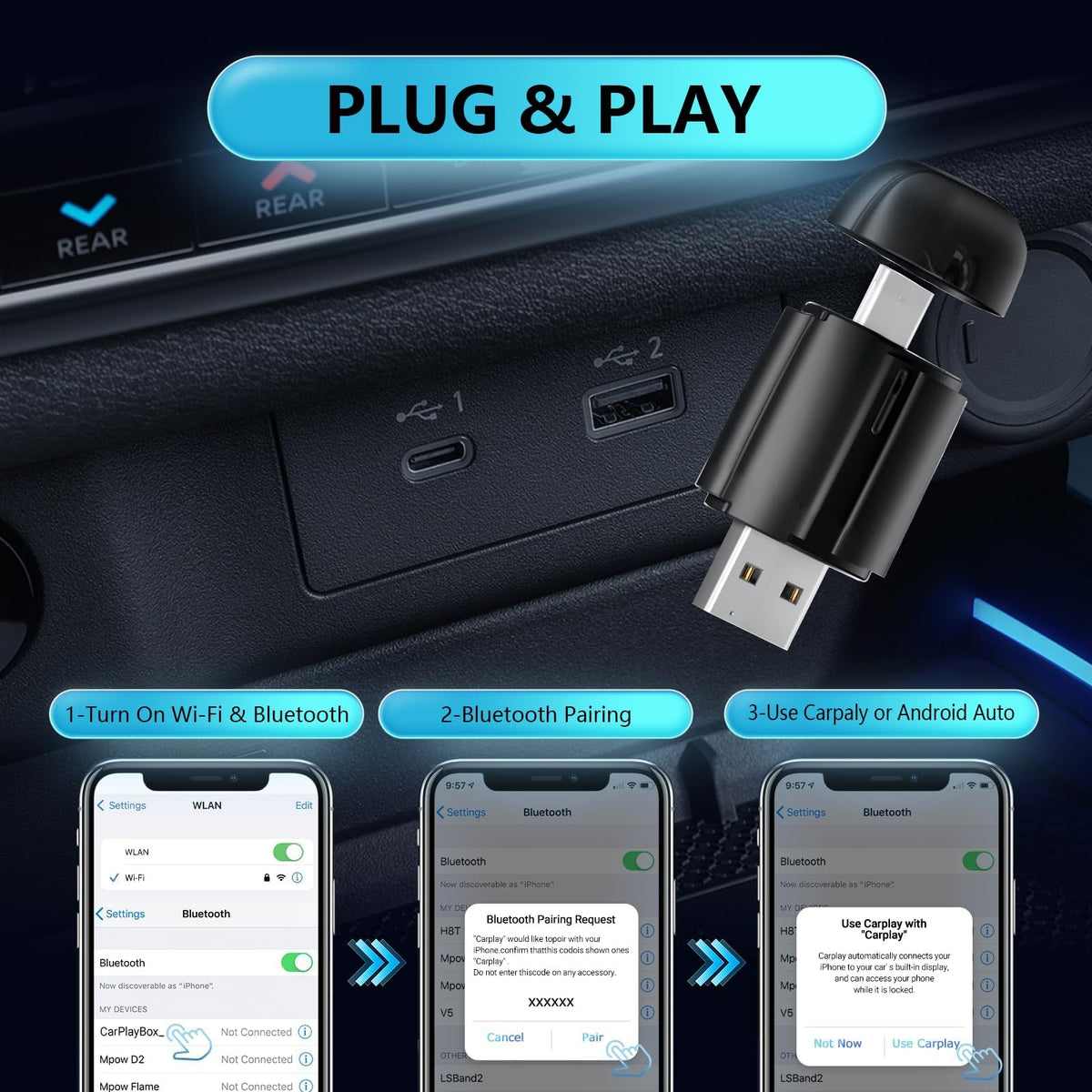 Adaptador Inalámbrico CarPlay Apple para Convertir CarPlay con Cable a Inalámbrico Compatible con iOS 10+ y Autos 2017+ Conexión Estable