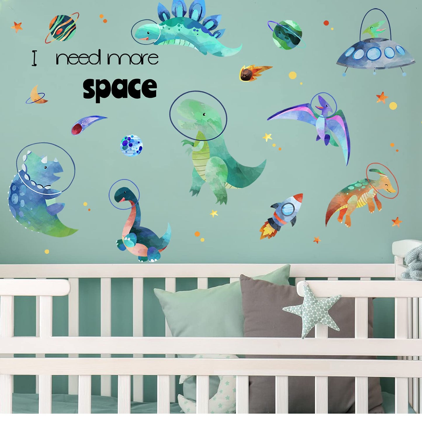 Yovkky - Calcomanía de pared para niños, dinosaurios espaciales, astronautas, divertidos adhesivos de dinosaurio, planeta de animales de dinosaurio, decoración de cohetes, decoración del hogar