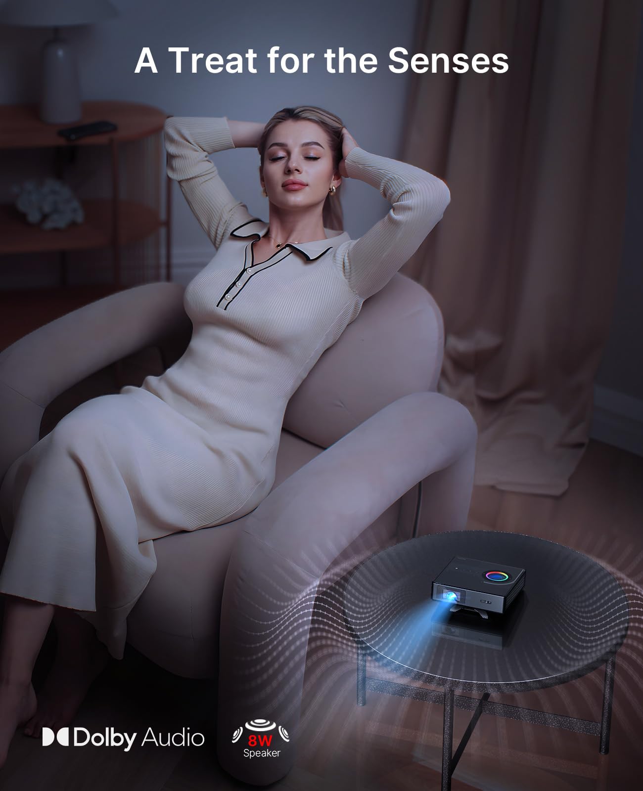 NexiGo Nova Mini, proyector láser portátil, Google TV con Netflix, 1080p FHD, 1200 lúmenes, Contraste de 15000:1 con SAE, 3D, configuración automática, Pantalla de 150", Dolby Audio de 8 W