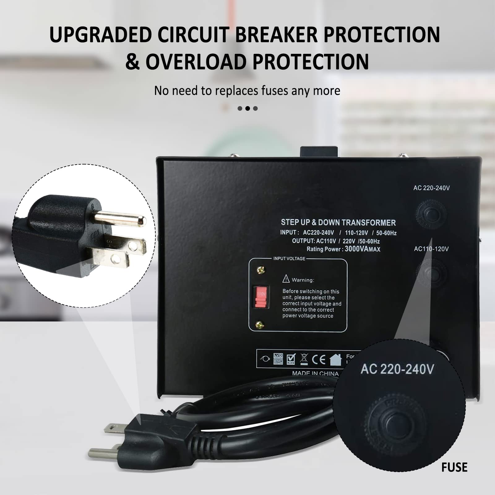 Regulador Convertidor de Voltaje YaeCCC ST-3000 110V/220V con Protección contra Disyuntores y Medidor de Voltaje