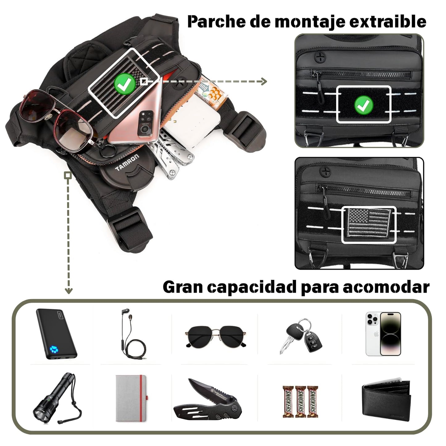 Bolsa de pecho para correr para hombre，Paquete de pecho para exterior impermeable ，Bolsa táctica para correr Multiusos y ligero con soporte para teléfono incorporado y espacio de almacenamiento