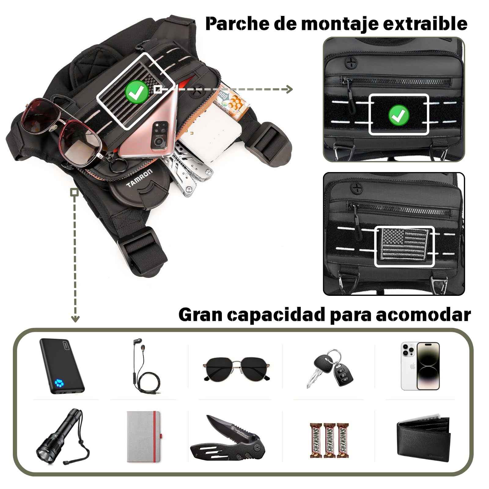 Bolsa de pecho para correr para hombre，Paquete de pecho para exterior impermeable ，Bolsa táctica para correr Multiusos y ligero con soporte para teléfono incorporado y espacio de almacenamiento