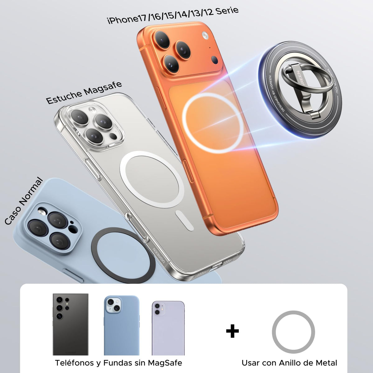 Soporte Magnético UGREEN Plata con Anillo de Doble Cara para Celular