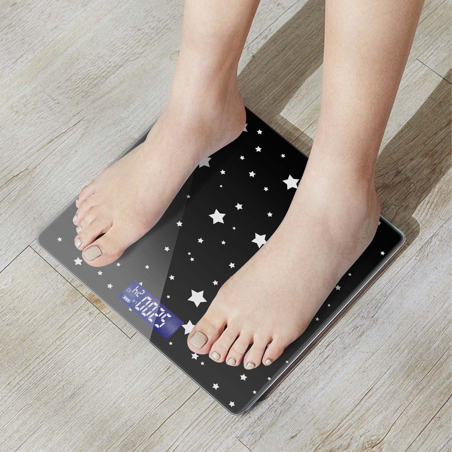 Báscula digital de baño para peso corporal de 400 libras, báscula digital personalizada con pantalla retroiluminada, fácil de leer (batería no incluida), estrellas en blanco y negro