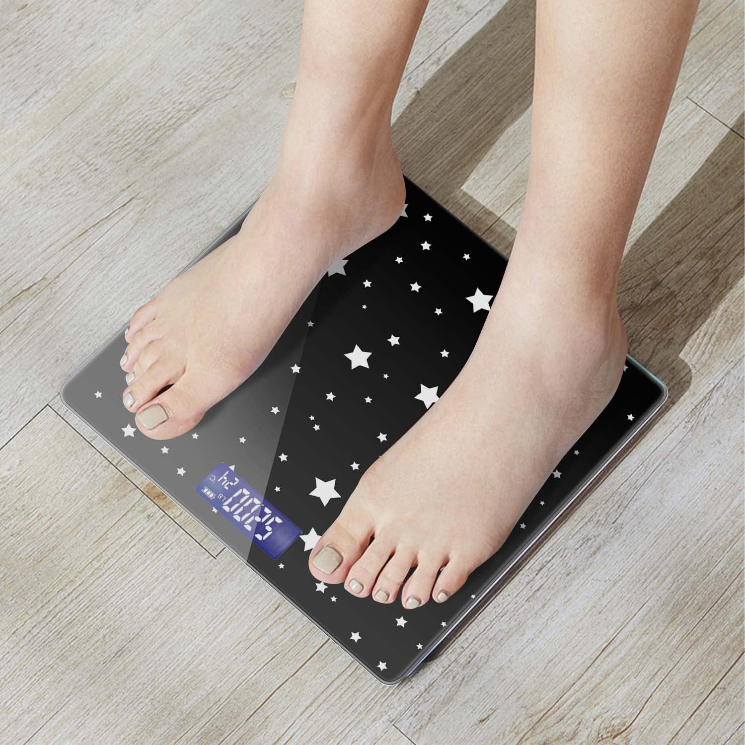Báscula digital de baño para peso corporal de 400 libras, báscula digital personalizada con pantalla retroiluminada, fácil de leer (batería no incluida), estrellas en blanco y negro
