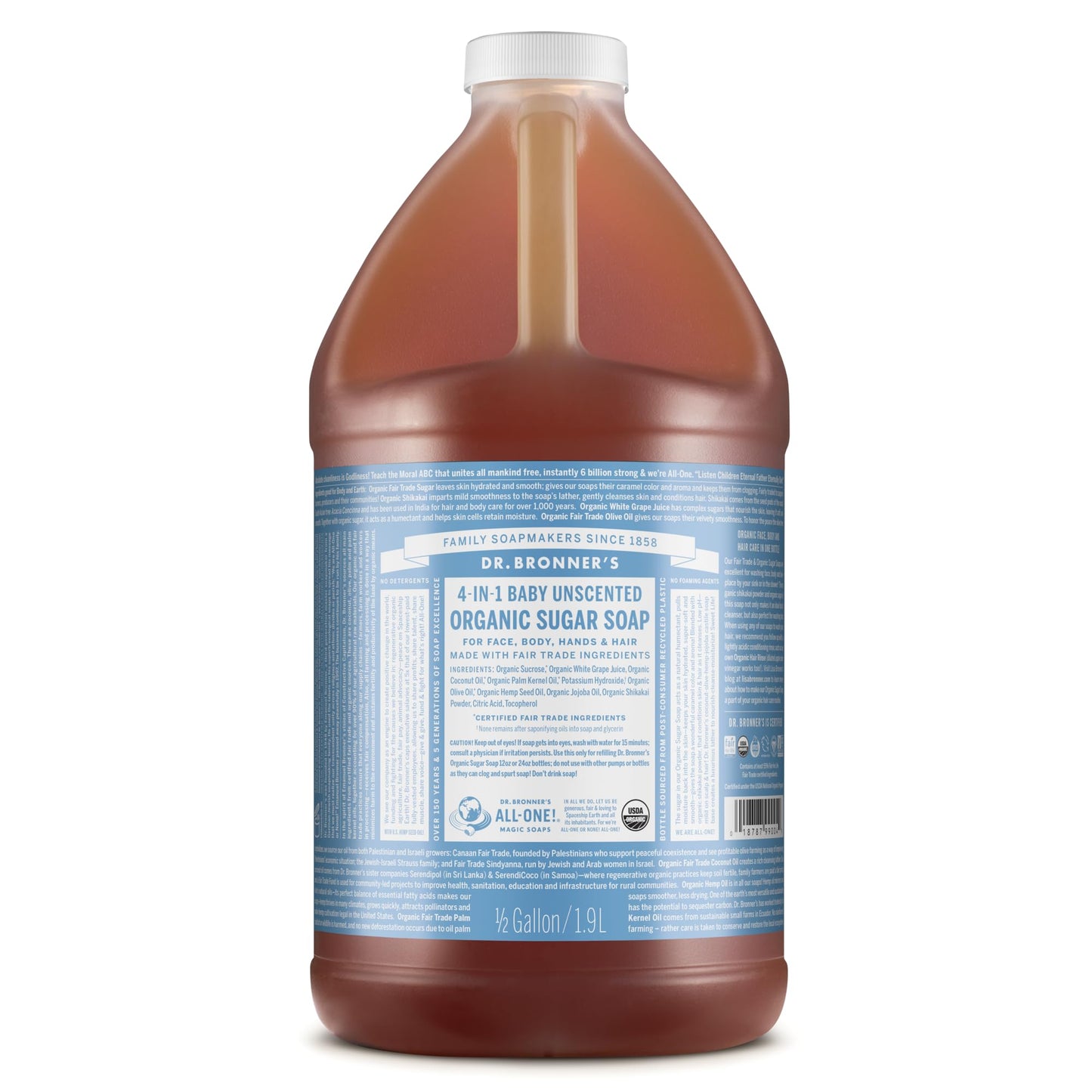 Dr. Bronner's | Jabón líquido de azúcar orgánico, elaborado con aceites vegetales, Shikakai y azúcar, usos 4 en 1: manos, cuerpo, rostro y cabello; limpia, hidrata y nutre - Sin Aroma, 1.9 L