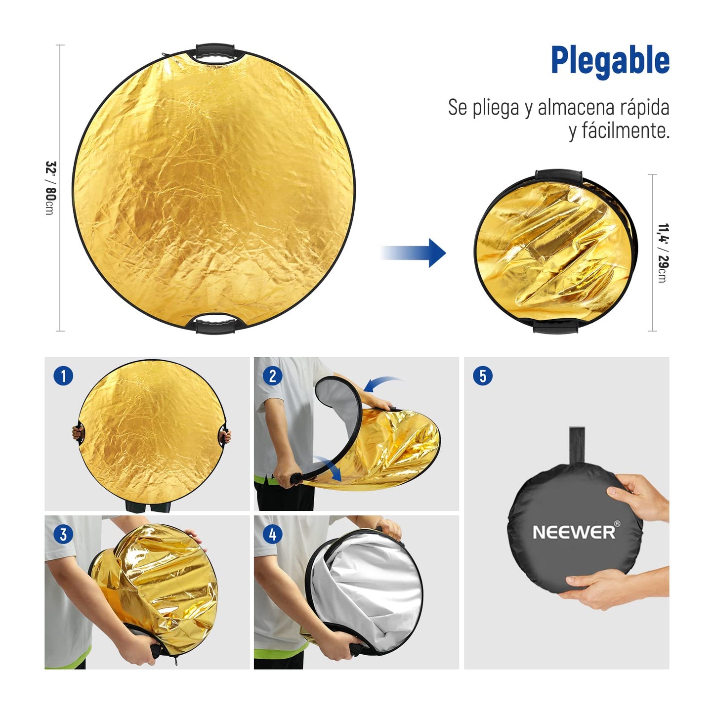NEEWER Reflector de Luz de 32"/80cm con Empuñadura Rosca 3/8", Difusor de Luz de Disco Plegable 5 en 1 Translúcido/Plateado/Dorado/Blanco/Negro para Iluminación Fotográfica, para Exteriores, RF-110II