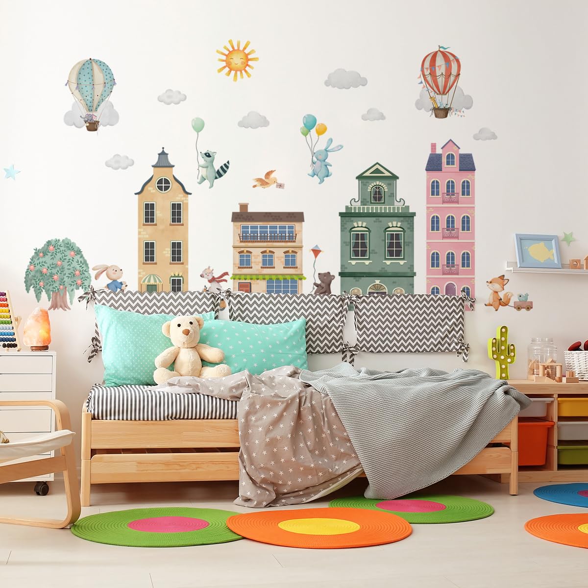 Calcomanías de pared con globos de aire caliente de acuarela, construcción de ciudad, globos de aire caliente, calcomanías de pared, decoración de animales, para recámara, sala de juegos, habitación