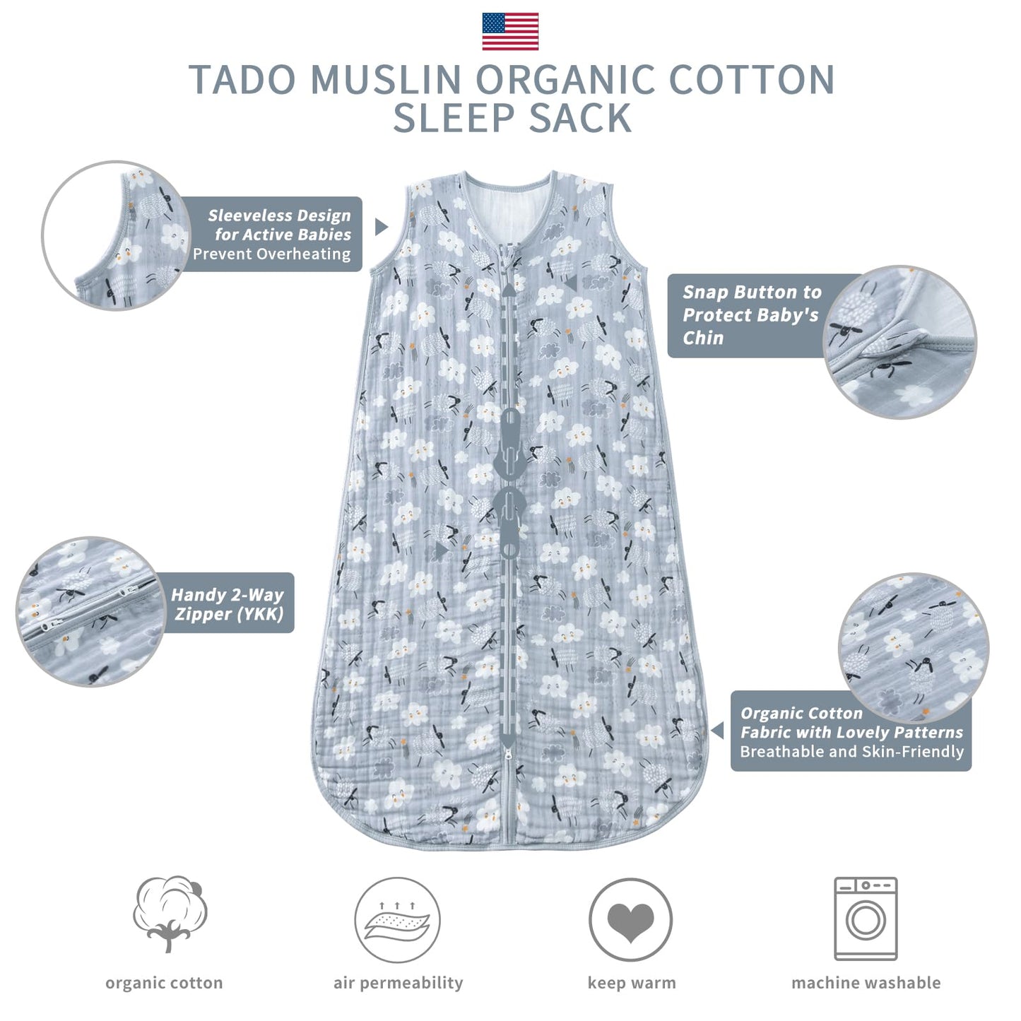 TADO MUSLIN - Saco de dormir para bebé de 2 a 4 T, manta portátil para bebé, 100% algodón orgánico, 0.5 TOG, sacos de dormir para niños pequeños, cierre de 2 vías, suave, 4 capas, 2T, 3T, 4T, ovejas