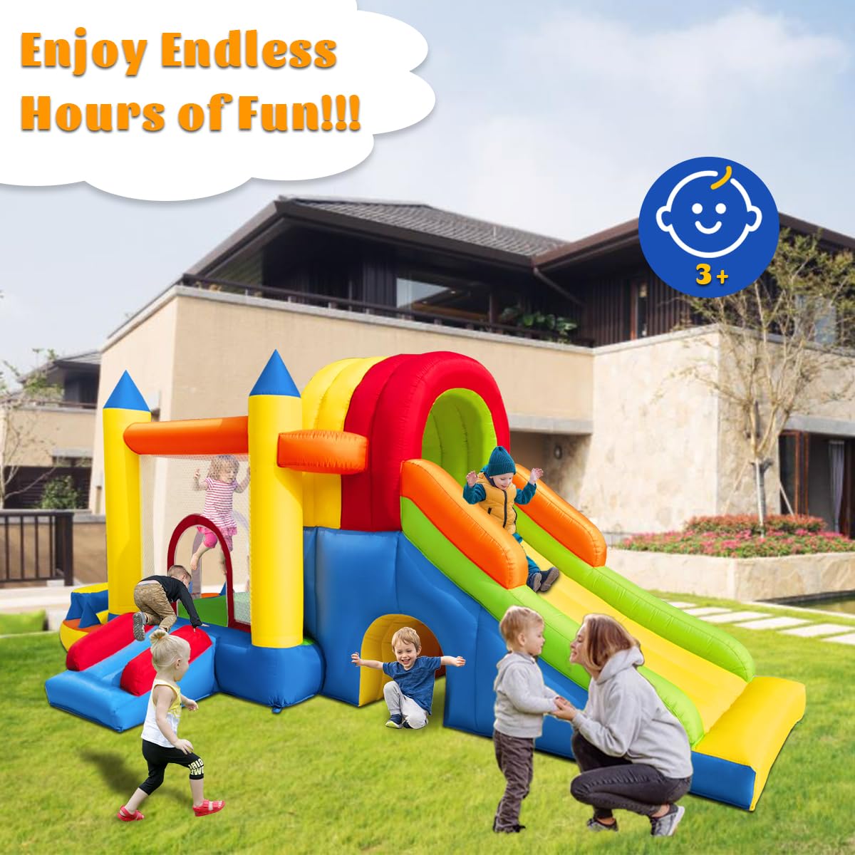 Hongcoral - Castillo inflable 8 en 1 con soplador grande para niños y niños, con dos toboganes inflables para interiores y exteriores, con dos toboganes