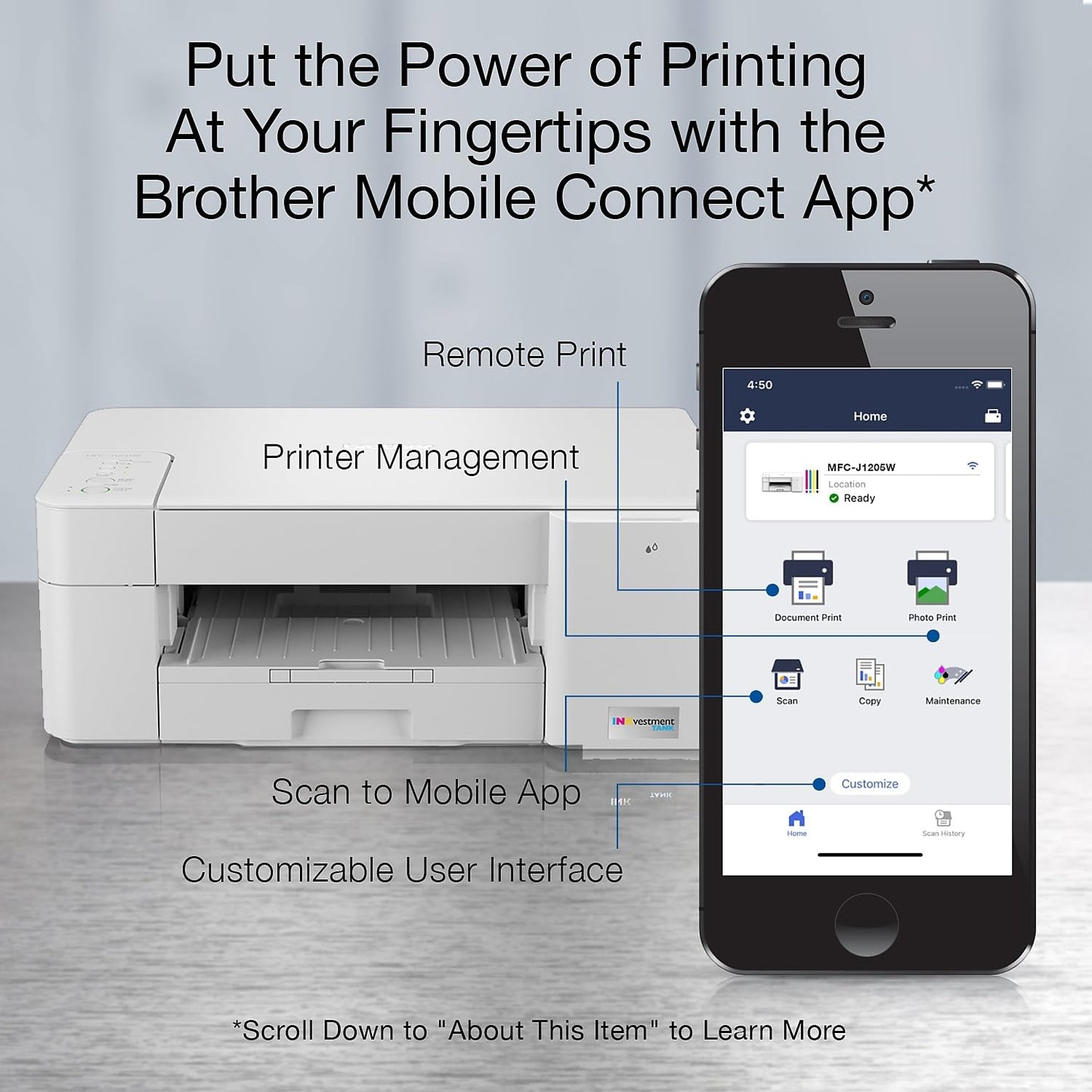 Brother MFC-J1205W INKvestment - Impresora inalámbrica multifunción de inyección de Tinta a Color con hasta 1 año en Caja, Funciona con Alexa