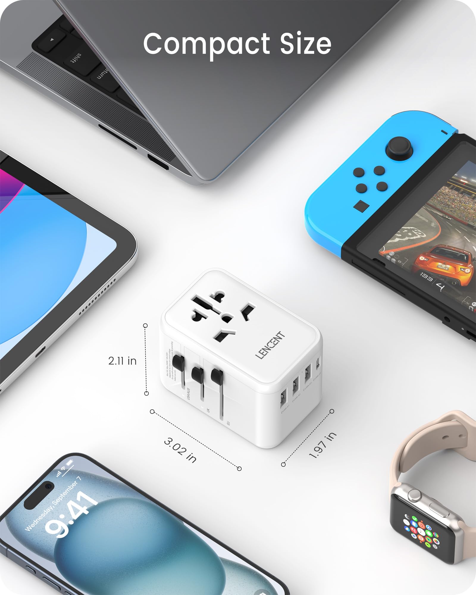 LENCENT Adaptador Universal de Viaje, GAN III 45W Adaptador Internacional con 3 USB y 2 USB-C Carga Rápida, Cargador Universal con Enchufe Tipo A/C/G/I para USA/Europa/UK/Australia/Argentina, Blanco