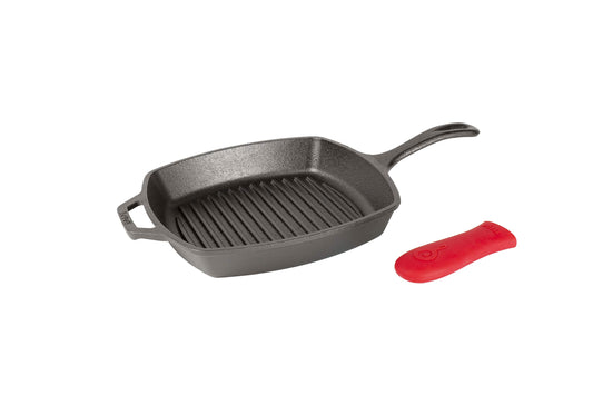 Lodge L8SGP3ASHH41B Sartén Cuadrado de Hierro Forjado para Parrilla, con Agarradera para Calor de Silicona Roja, 26 cm