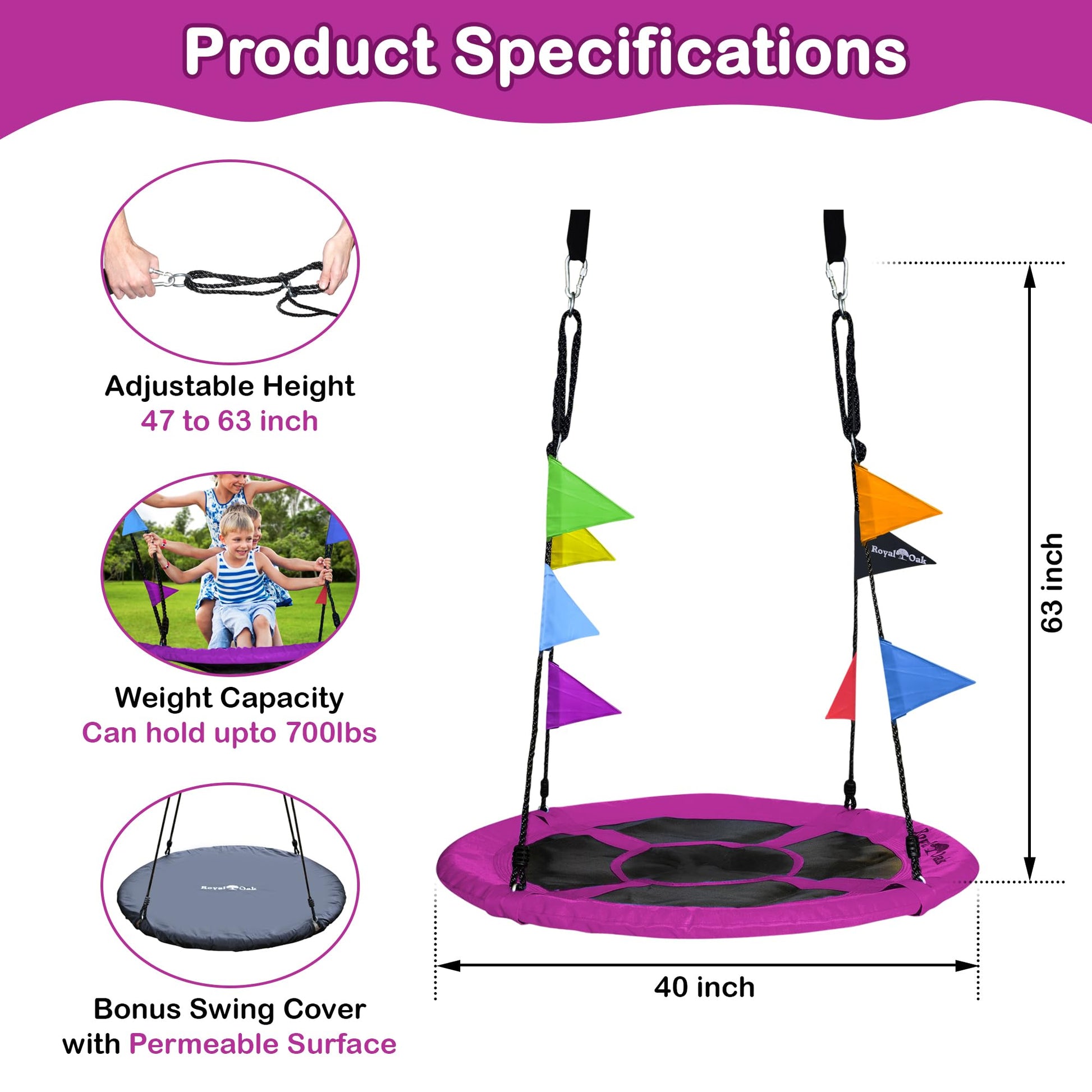 Gigante 101,6 cm platillo Árbol Swing en Elite púrpura, Ultra Fuerte estructura de acero., cuerda de tela impermeable, de grado industrial, Super Fácil Instrucciones, cuelga en minutos, Non-Stop divertido, ideal para niños y fiestas.