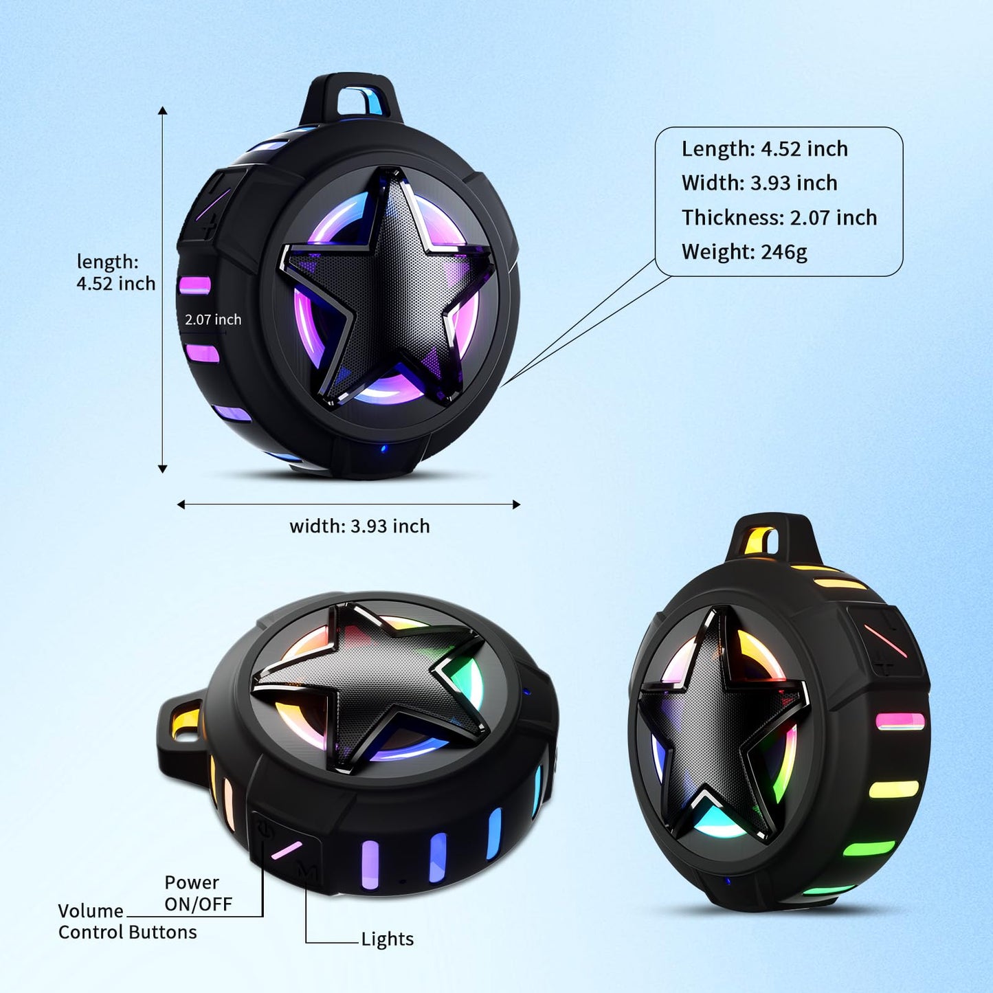 EBODA - Altavoz de ducha Bluetooth IP67 impermeable portátil, flotante, tarjeta TF, pequeño altavoz al aire última intervensión con luz LED para bicicleta, playa, tabla de remo, kayak, regalos para