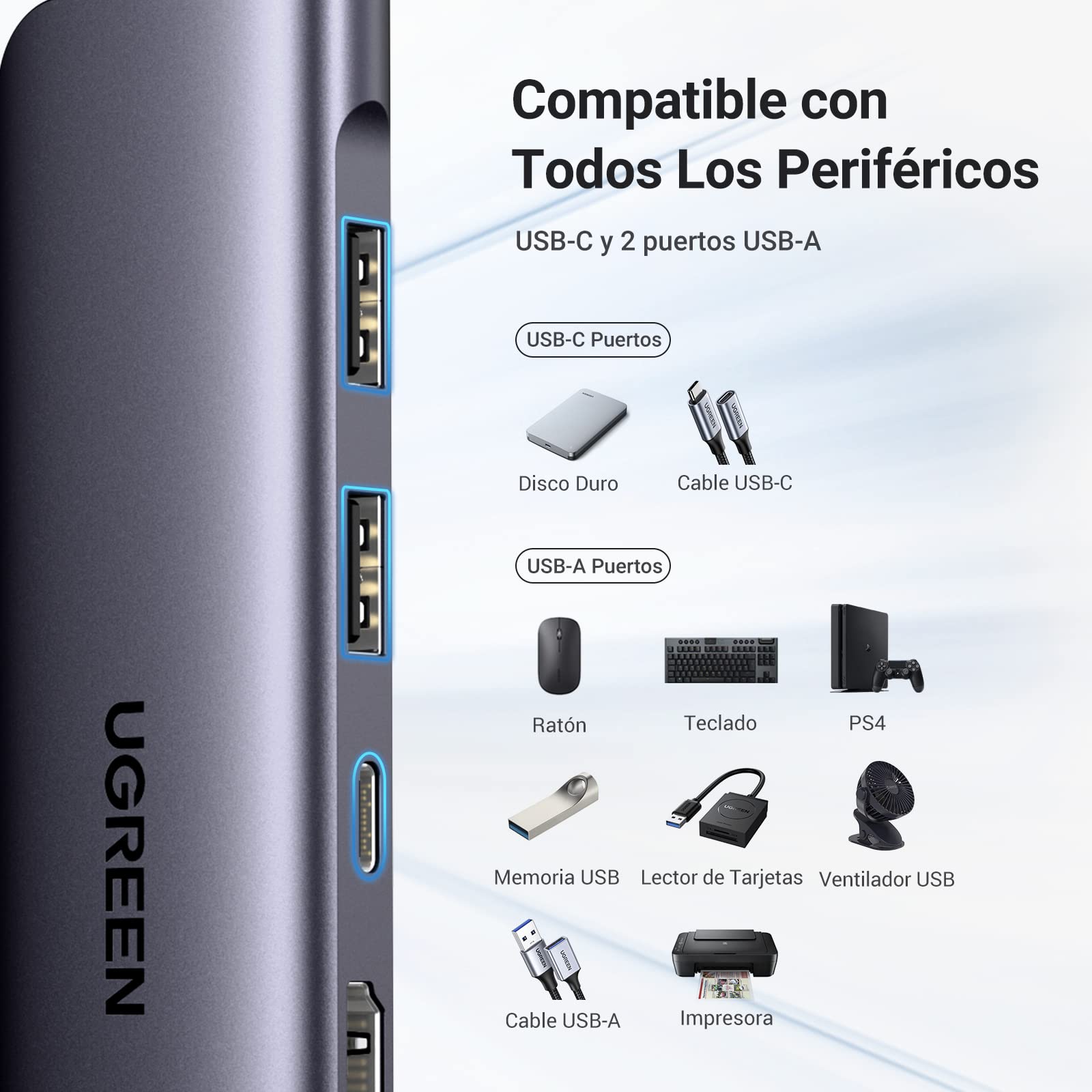 Adaptador USB C UGREEN Plateado 7 en 1 con HDMI 4K y Lector de Tarjetas para Macbook y más