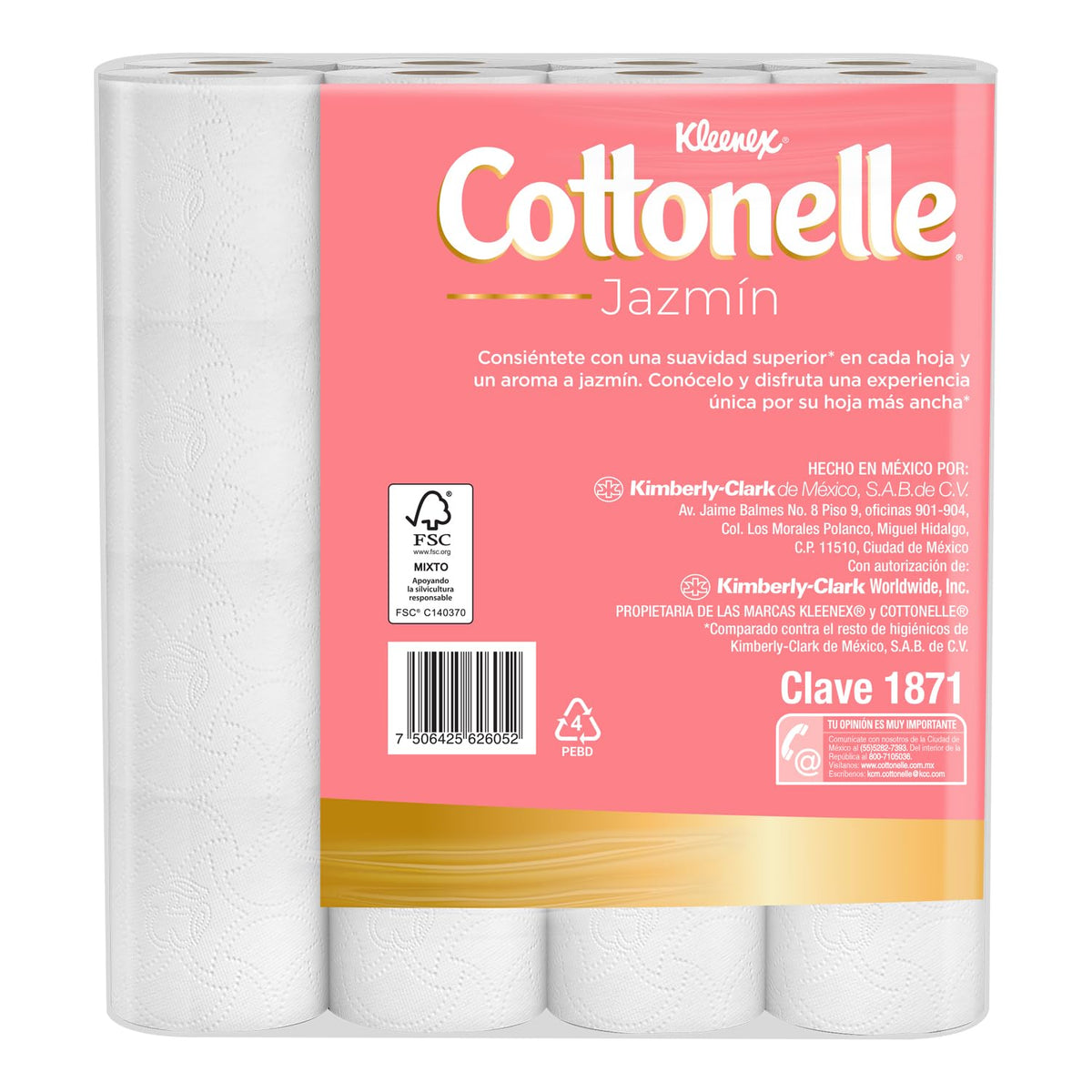 Papel Higiénico Kleenex Cottonelle Jazmín 32 Rollos 408 Hojas Dobles