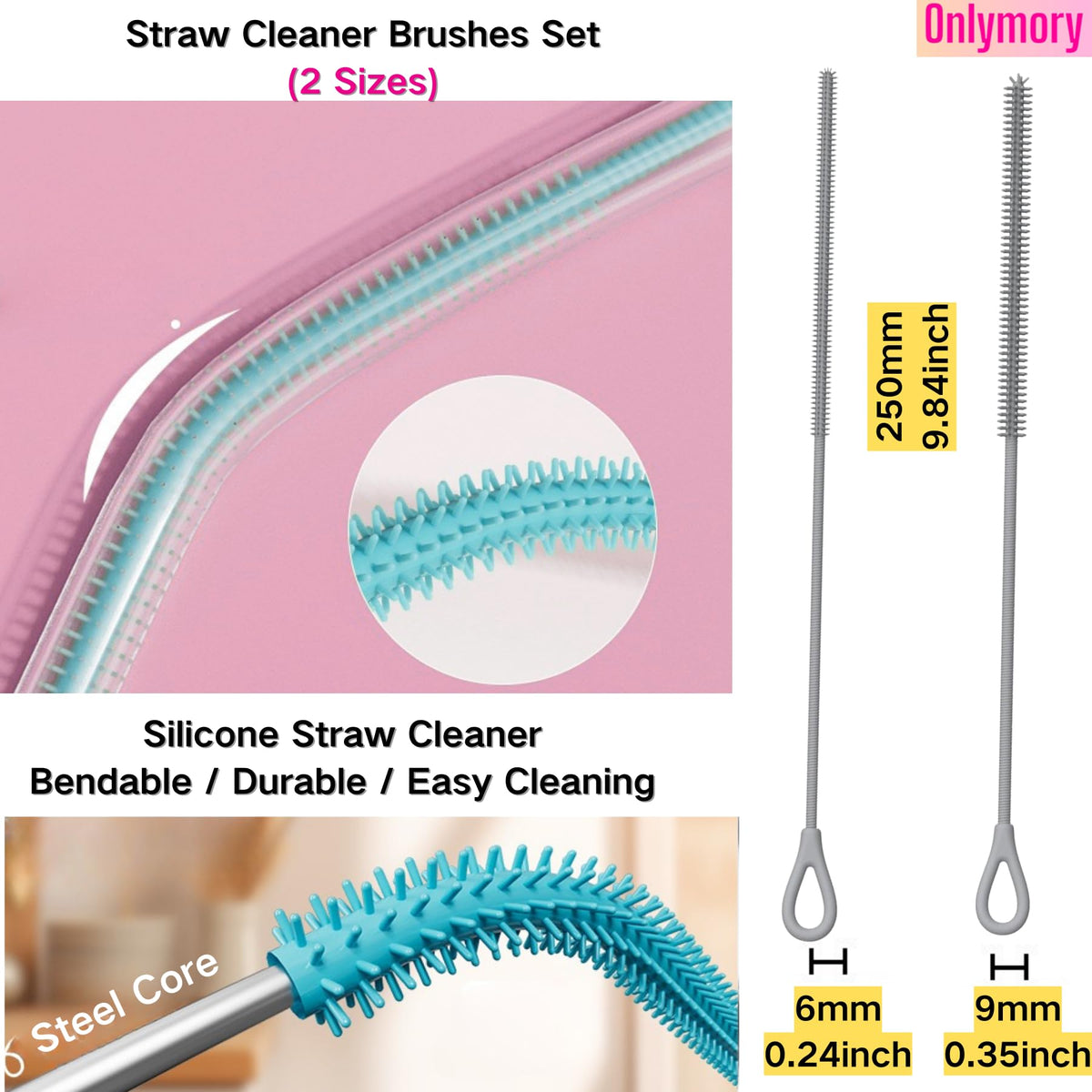 cepillo para polvo limpiador de pajitas de silicona, 2 cepillos largos flexibles para copa Stanley, vaso, botella de agua, pajitas reutilizables y plegables para popotes Stanley Copa, 6 mm y 9 mm