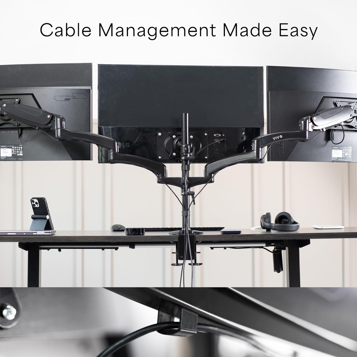 Soporte de Monitor Triple Vivo Negro ajustable para 3 Pantallas de hasta 32 Pulgadas