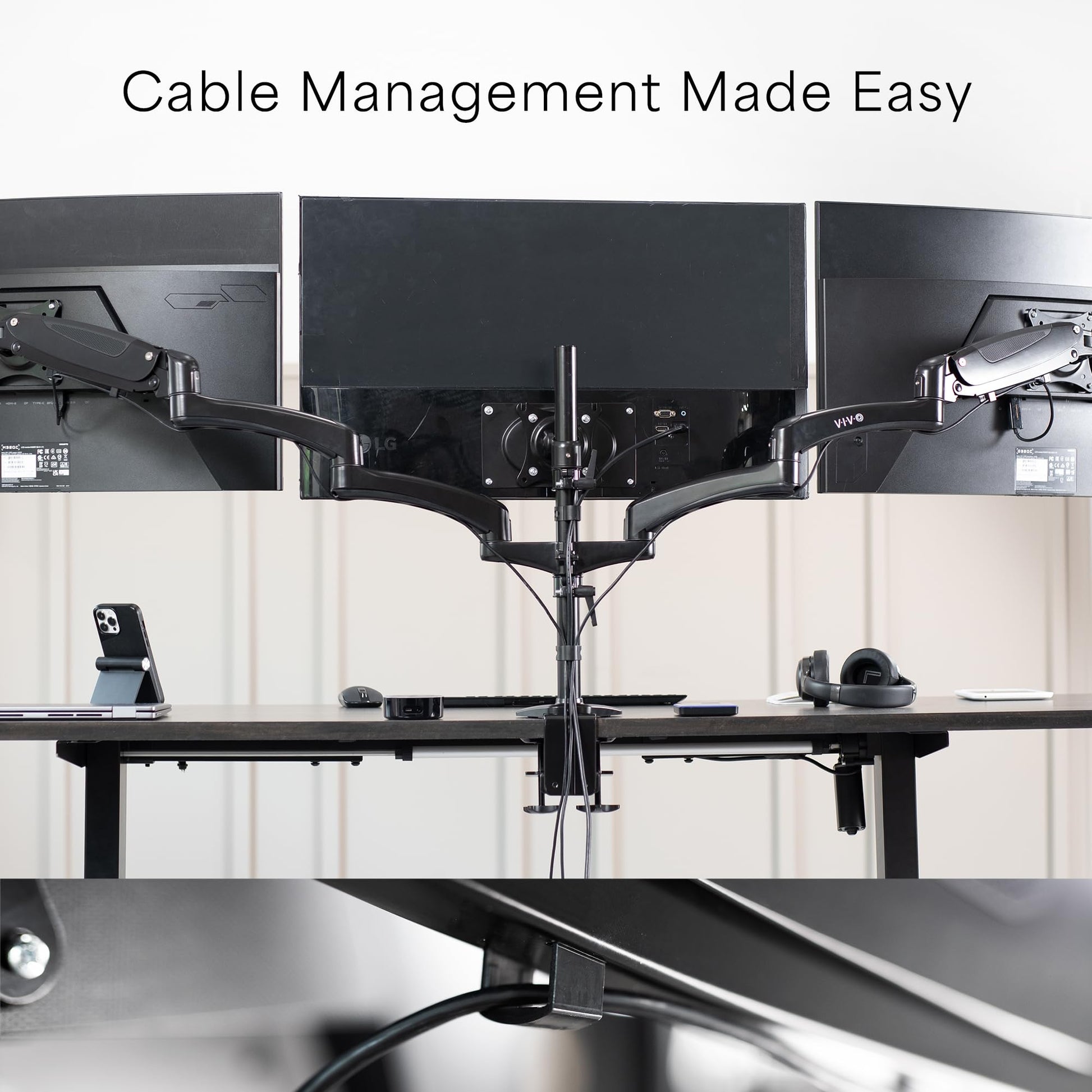 Soporte de Monitor Triple Vivo Negro ajustable para 3 Pantallas de hasta 32 Pulgadas