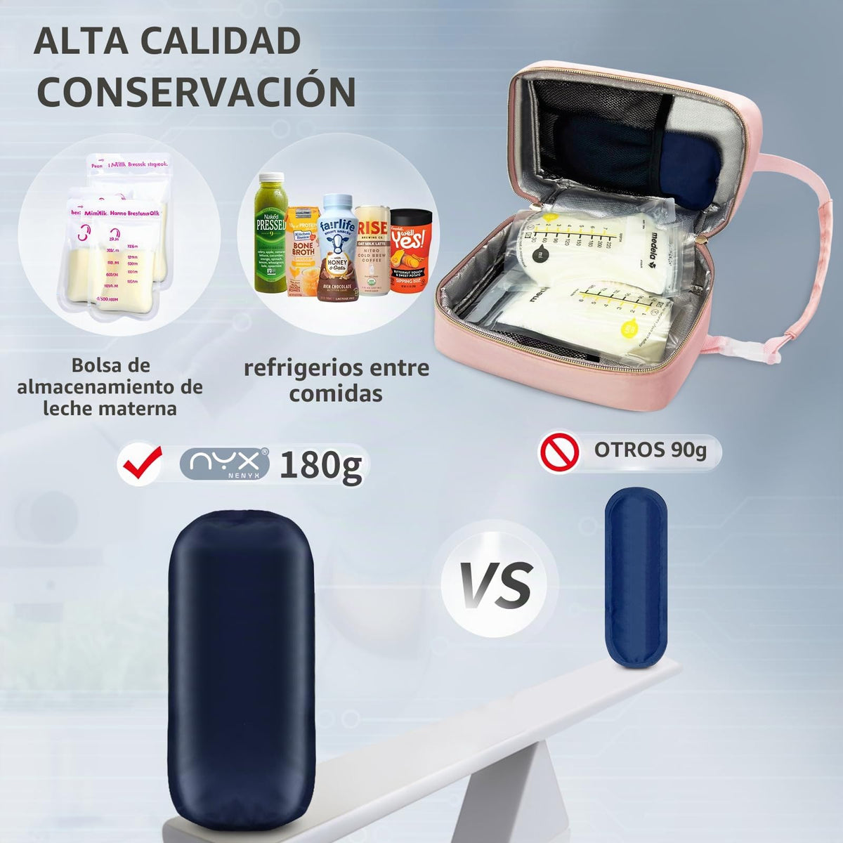 Bolsa de almacenamiento de leche materna impermeable con 2 paquetes de hielo grandes - Bolsa de refrigeración aislada para viaje con hebilla y asa colgante para guardería y viajes de bebé (Rosa)