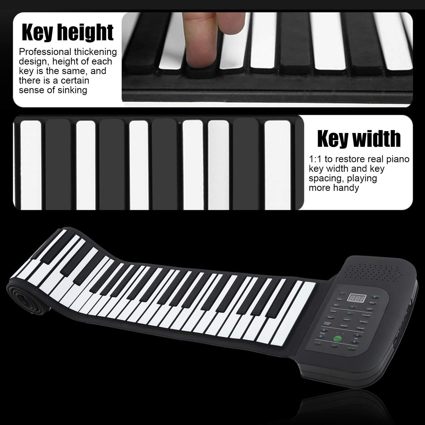 Teclado de Piano POCREATION Negro Flexible Roll Up 88 Teclas Portátil para Principiantes