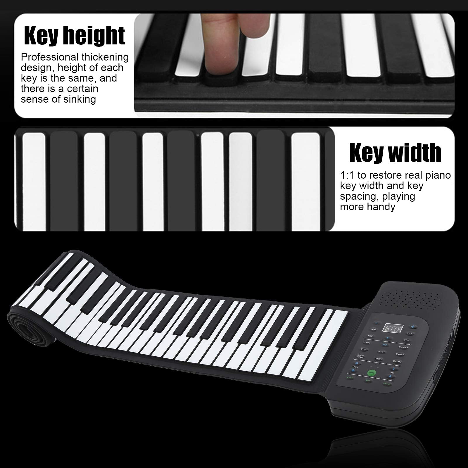 Teclado de Piano POCREATION Negro Flexible Roll Up 88 Teclas Portátil para Principiantes