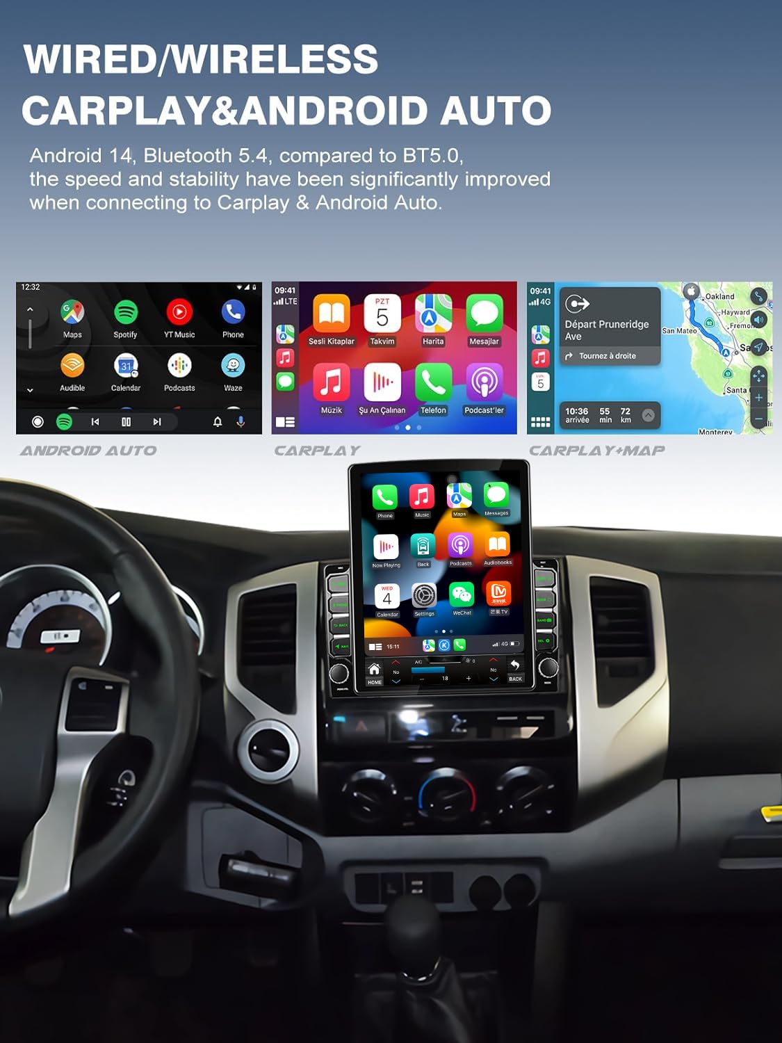 Radio estéreo de coche Android 14 para Toyota Tacoma 2005-2015 incorporada Carplay/Android Auto 9.7 pulgadas, visualización táctil IPS estilo Tesla con navegación GPS DSP Bluetooth GPS, FM WiFi +