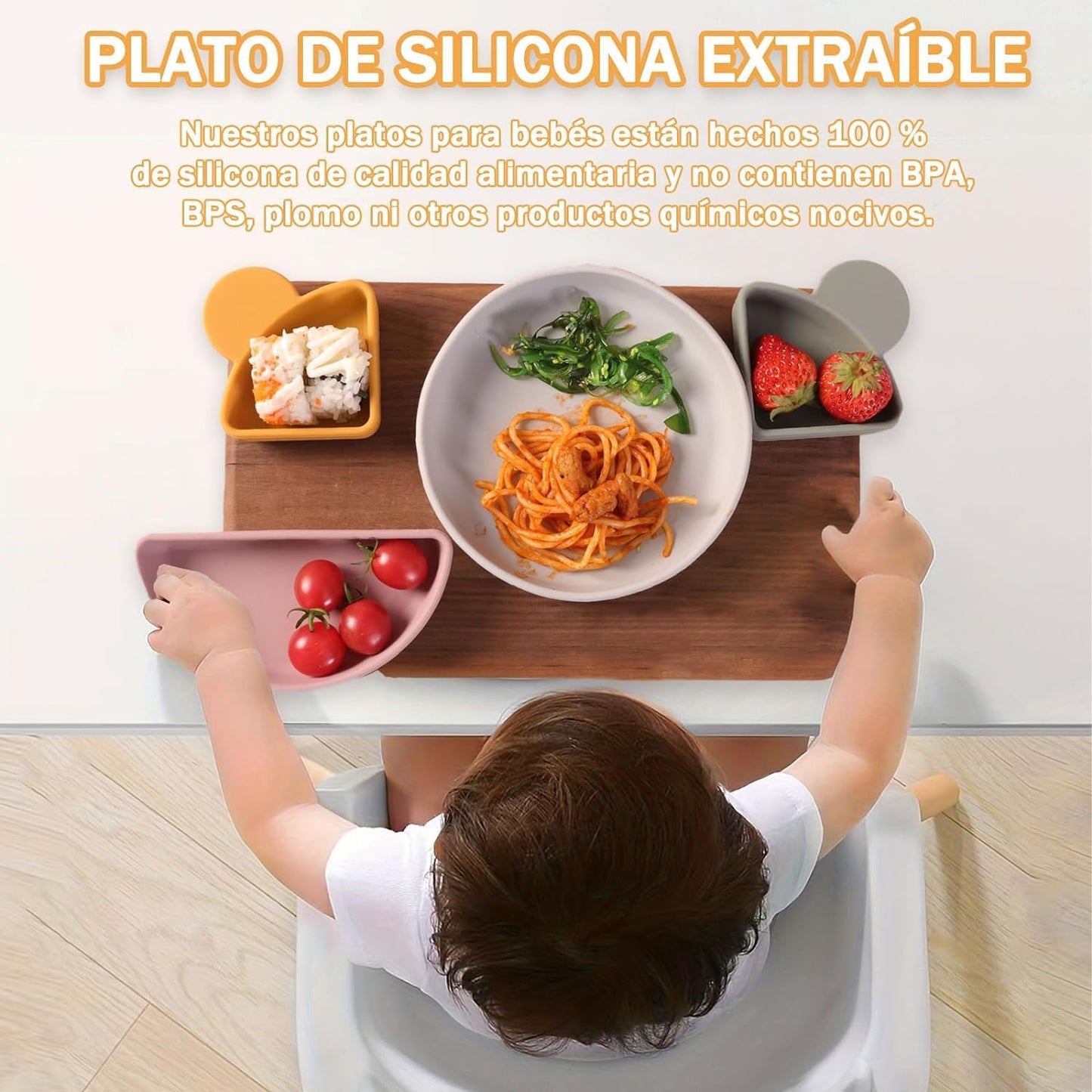 Plato y Cubiertos de Silicona para Niños Azul con Diseño Compartimentado Extraíble