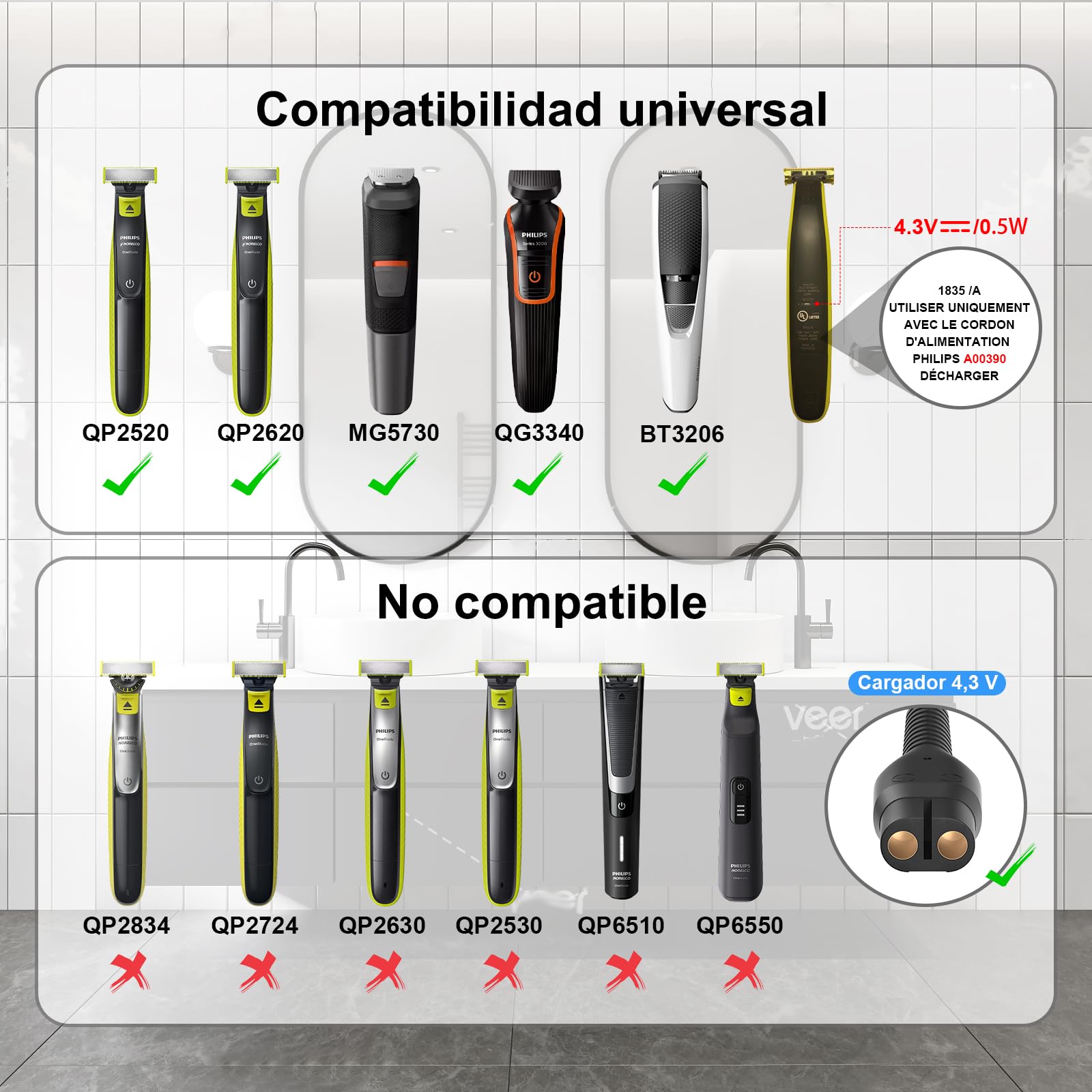 IBERLS Cargador para Philips Rasuradora A00390 Afeitadora Maquinilla Afeitar para Phillips One Blade QP2520, QP2620, MG3740, Cable de Shaver OneBlade Carga Charger, LED, Cepillo de Limpieza(4.3V)
