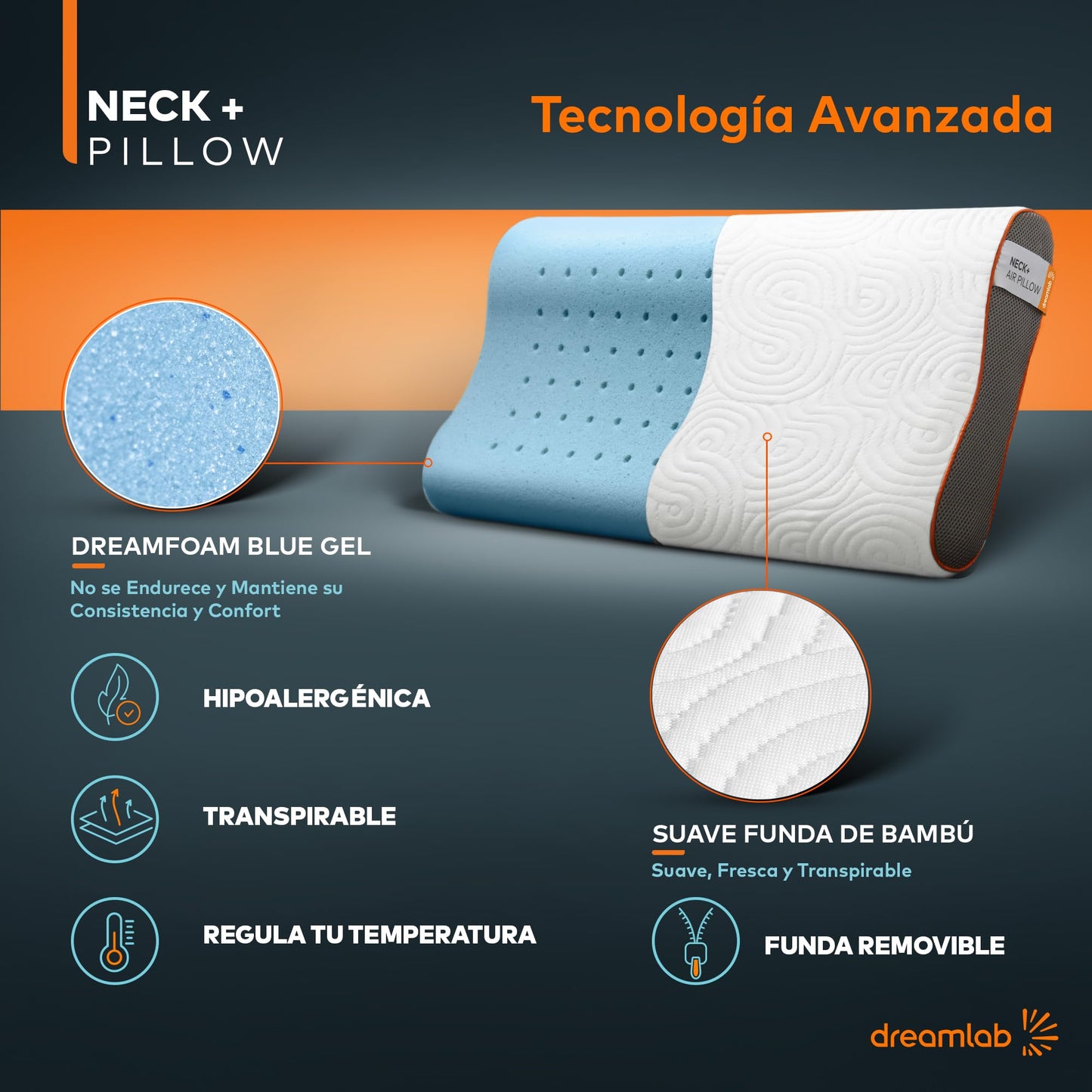 Dreamlab Neck+ Pillow | Almohada Cervical de Memory Foam con Gel | Hipoalergénica, Ortopédica, Certificada CertiPUR-US, Oeko-Tex Standard 100 | Firmeza: Medio Firme | Tamaño Estándar XL (61cm x 41cm)