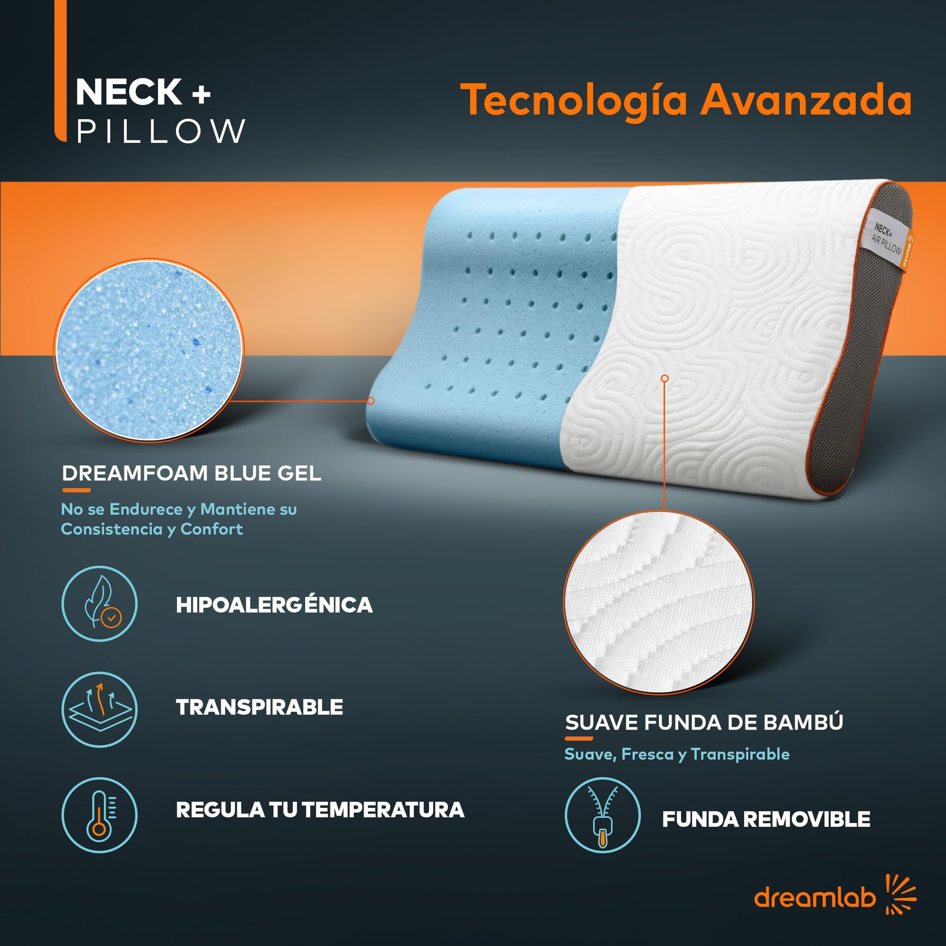Dreamlab Neck+ Pillow | Almohada Cervical de Memory Foam con Gel | Hipoalergénica, Ortopédica, Certificada CertiPUR-US, Oeko-Tex Standard 100 | Firmeza: Medio Firme | Tamaño Estándar XL (61cm x 41cm)