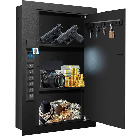 LANGGER V - Caja fuerte biométrica para pared, acceso por huella digital oculta, teclado o llave, para instalación entre vigas, protege armas cortas, documentos, joyas y objetos de valor