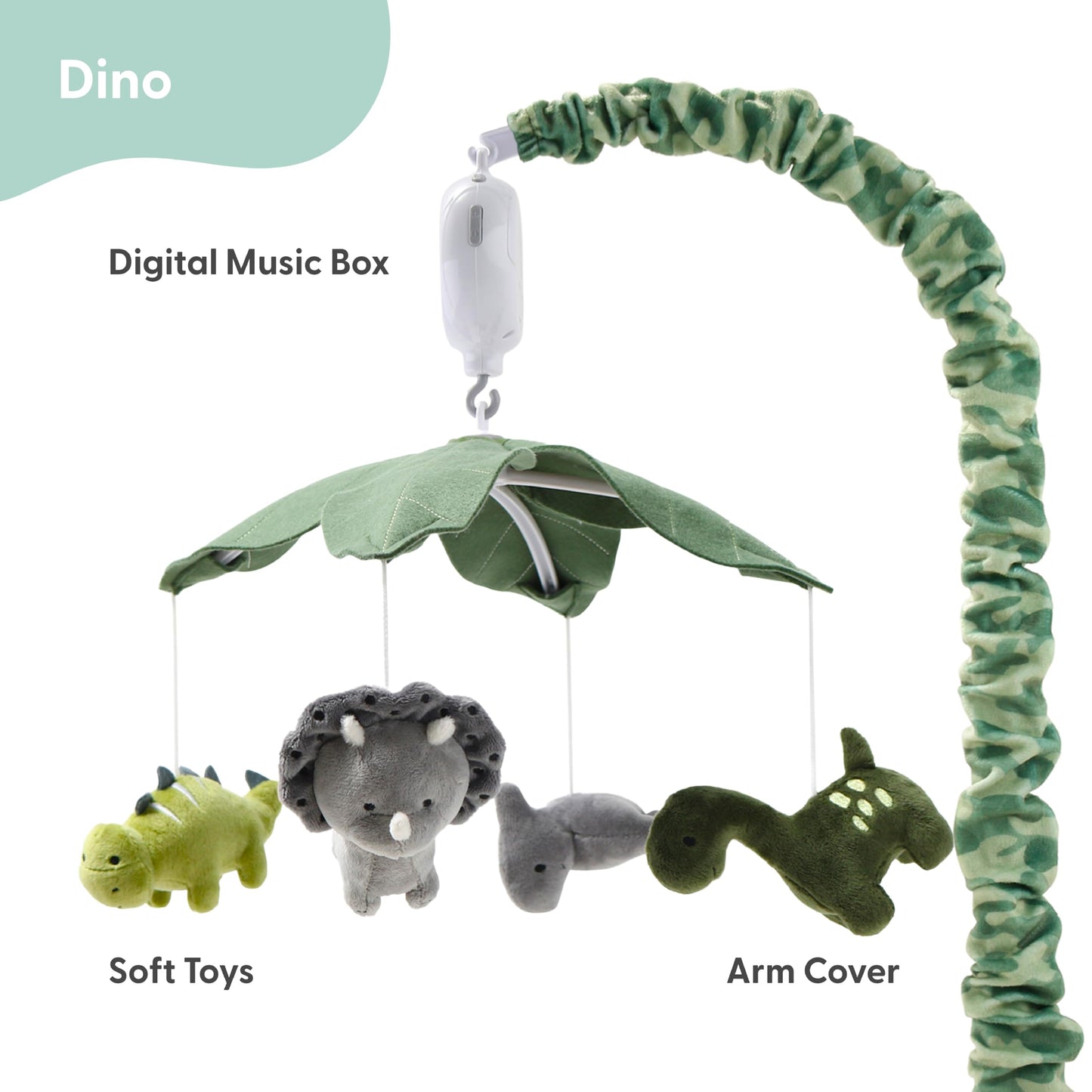 The Peanutshell Dinosaurio Cuna Móvil para bebé niños o niñas | Caja de música digital con 12 canciones de cuna | Camuflaje verde & Dino