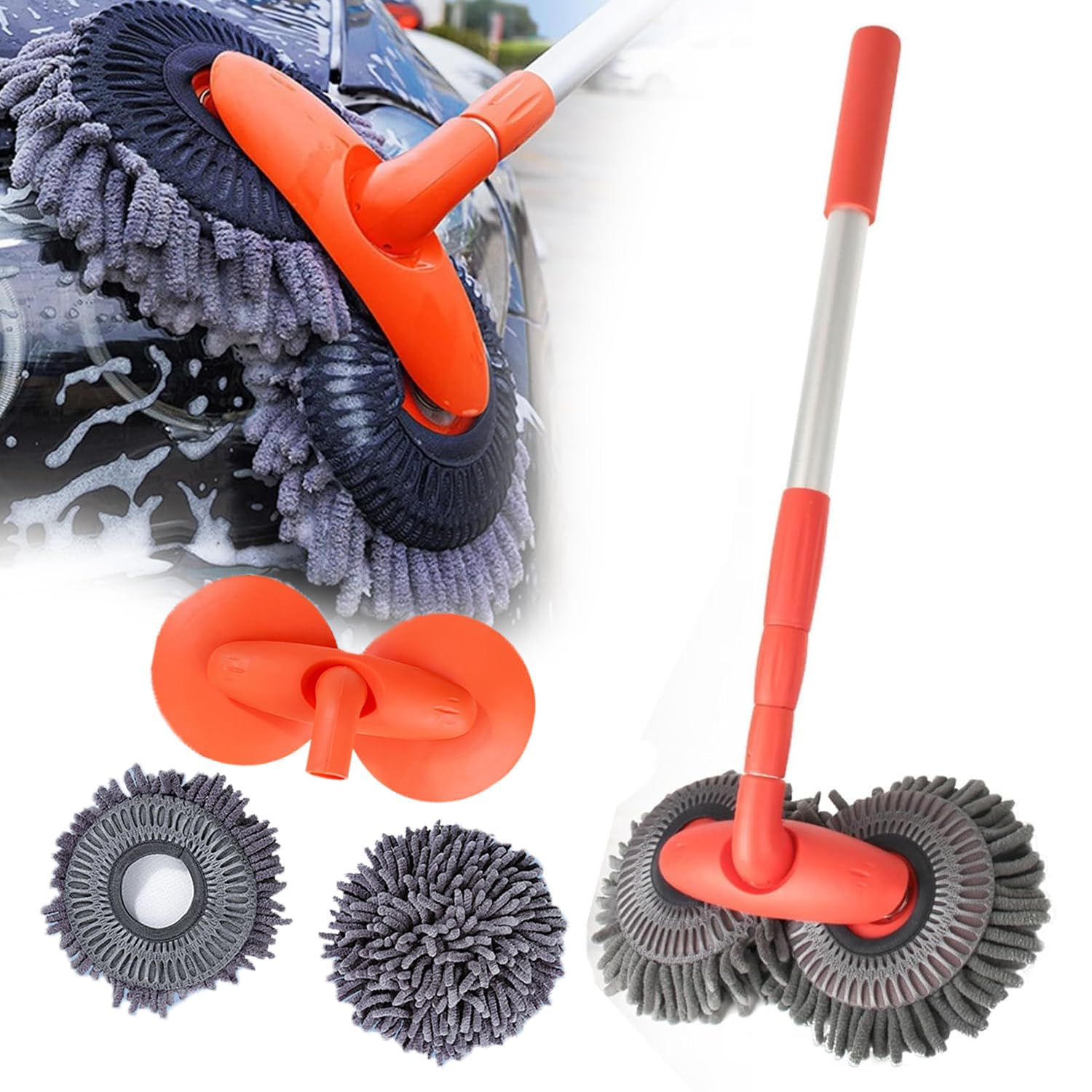 BYHANG Cepillo para Lavar Carros con Mango Largo, Juego de Cepillos para Limpieza de Coches, con 360° Cepillo Giratorio de Doble Cabezal, para Limpiar Coches, Neumáticos (Color Naranja)