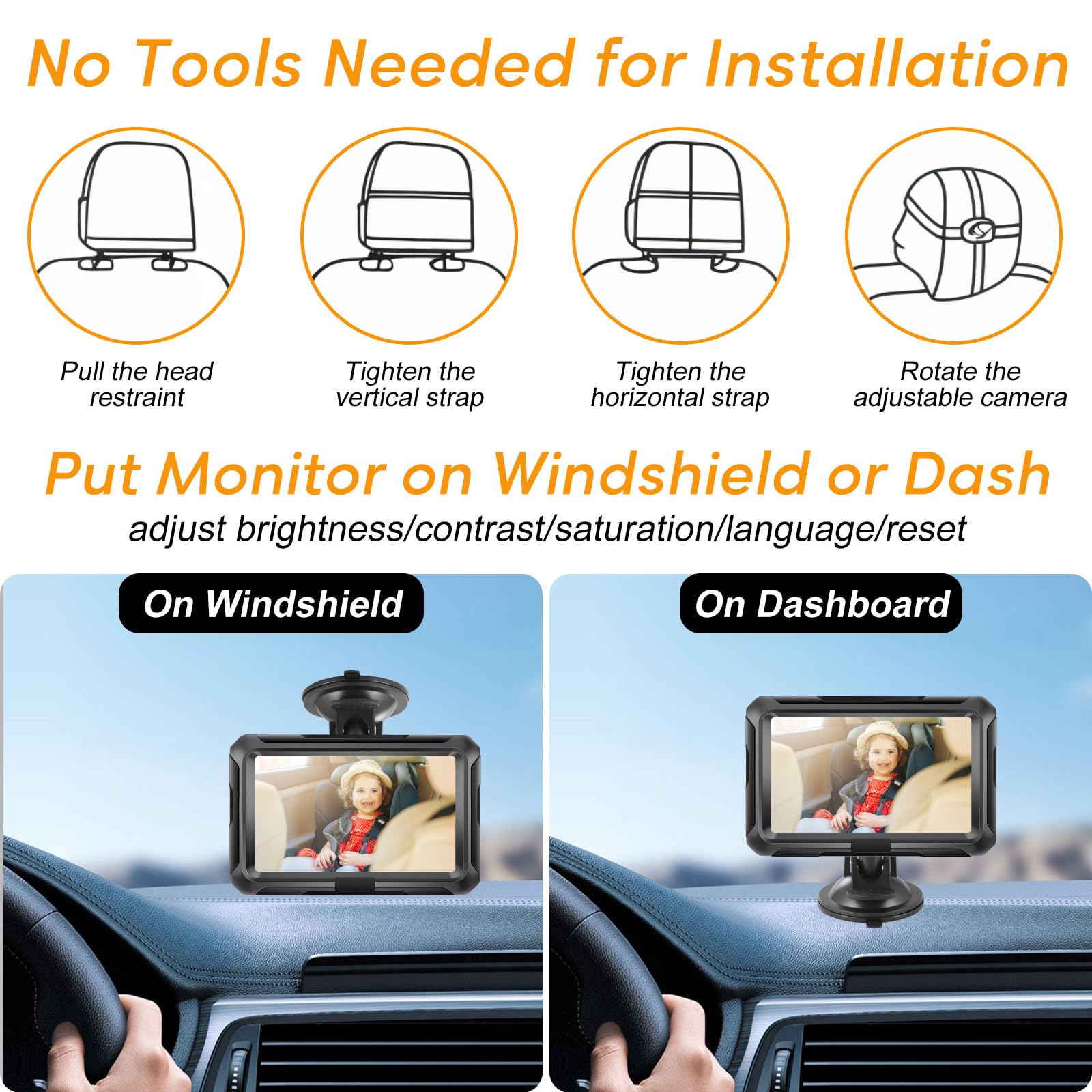Bebé Coche Espejo, Cámara Coche Bebé Asiento Trasero HD 1080P con Visión Nocturna, Ángulo de Visión Amplio de 150°, Espejo de Coche para Bebés con Giratorio 360°,Espejo Retrovisor Coche Pantalla 4.3''
