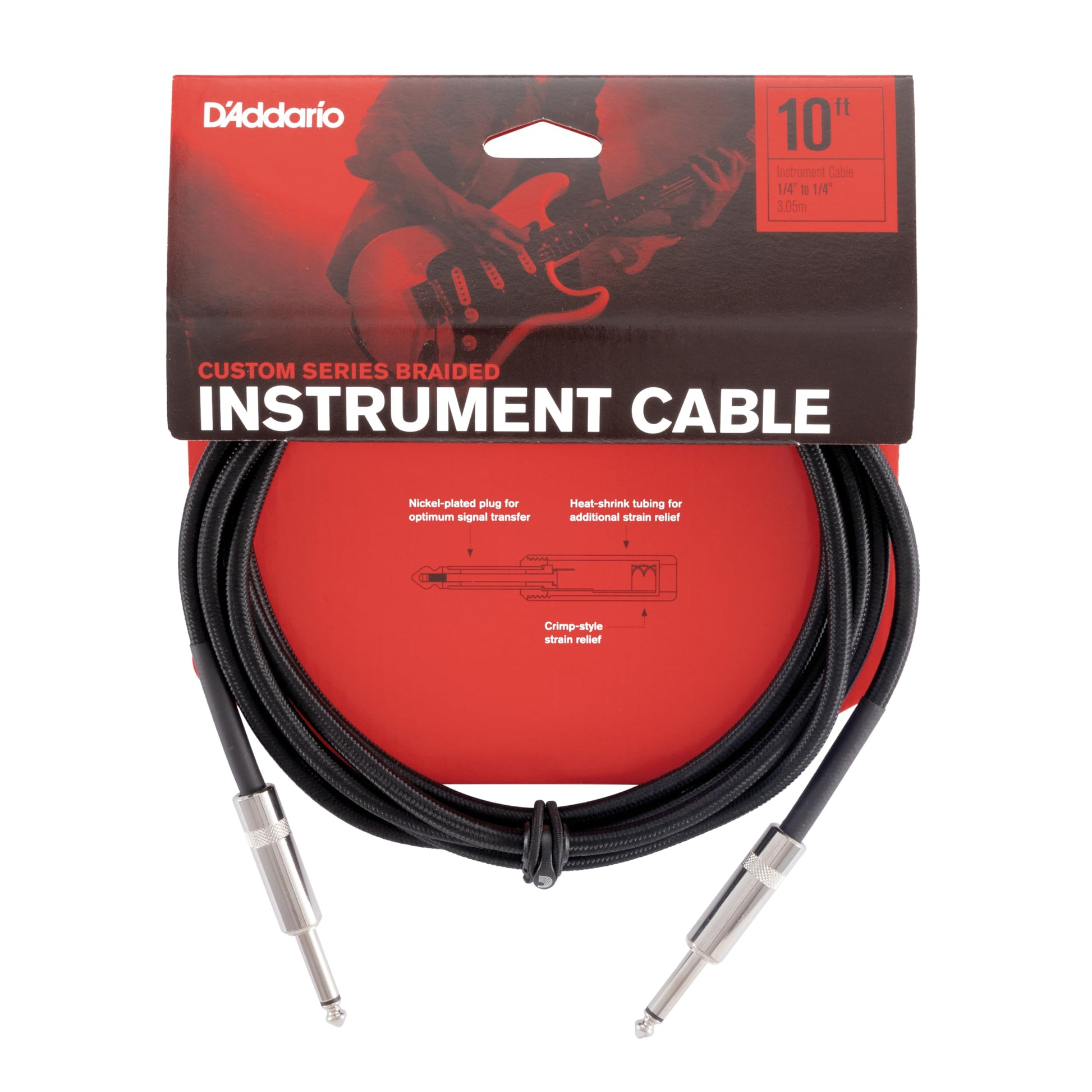D'Addario Guitar Cable - Guitar Lead - Instrument Cable - Guitar Accessories - Custom Series Braided Cable - 10 Feet/3.05 Meters - Black - 1 Pack
