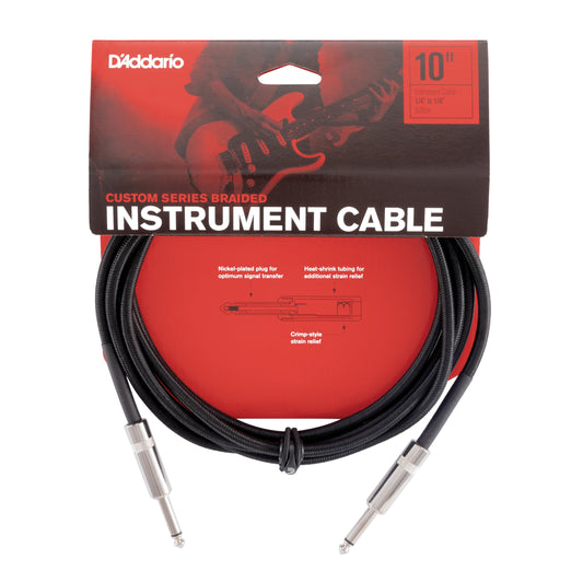 D'Addario Guitar Cable - Guitar Lead - Instrument Cable - Guitar Accessories - Custom Series Braided Cable - 10 Feet/3.05 Meters - Black - 1 Pack
