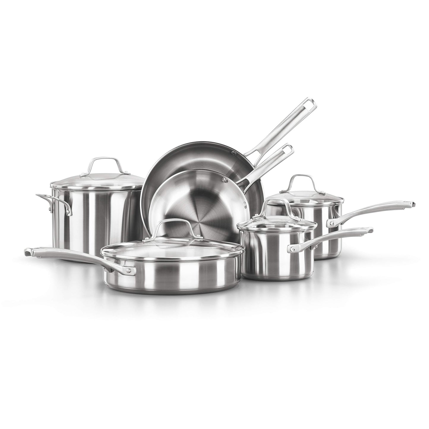Calphalon Juego de ollas y sartenes de 10 piezas, utensilios de cocina de acero inoxidable con asas y boquillas de vertido, apto para lavaplatos, plateado