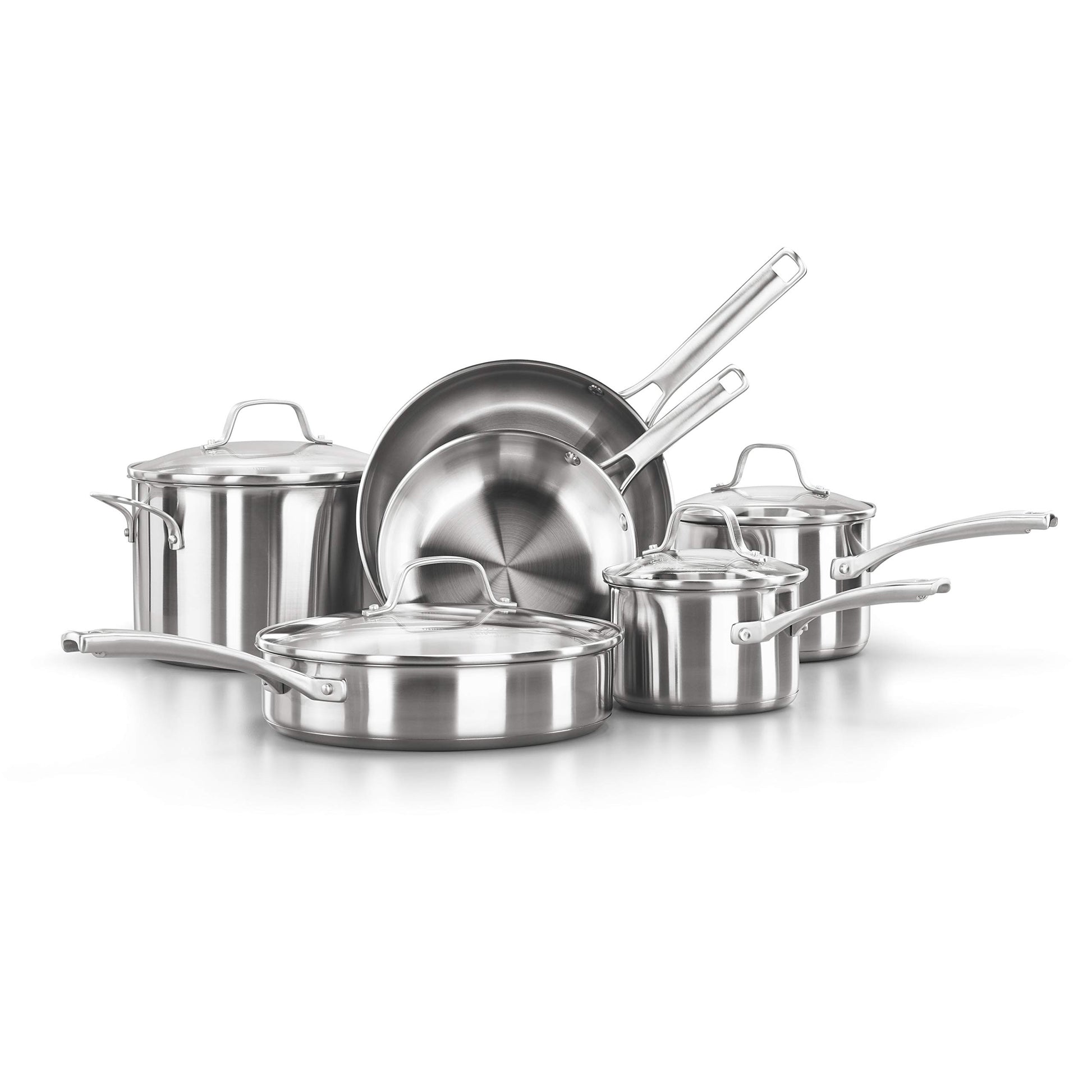 Calphalon Juego de ollas y sartenes de 10 piezas, utensilios de cocina de acero inoxidable con asas y boquillas de vertido, apto para lavaplatos, plateado