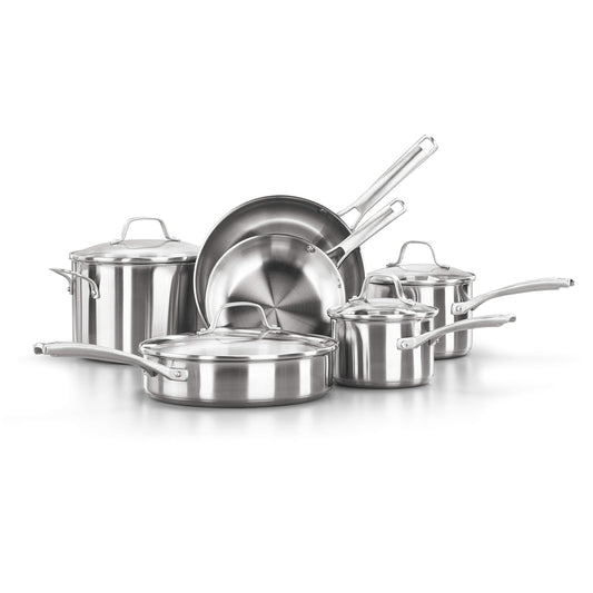 Calphalon Juego de ollas y sartenes de 10 piezas, utensilios de cocina de acero inoxidable con asas y boquillas de vertido, apto para lavaplatos, plateado